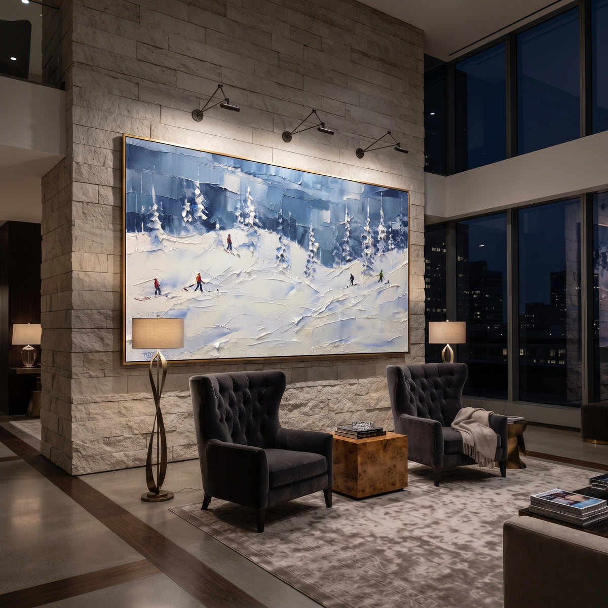 Blue Snow Basin focuses on small downhill figures moving over carved impasto snow channels and soft blue shadows. The artwork shows a winter ski scene built from the actual image: visible downhill figures, curved snow tracks, raised ridgelines, and alpine space arranged in a wide composition. The blue, white, orange palette gives the piece a cold mountain atmosphere while the thick impasto surface creates shadows along each snowbank, ski line, and textured ridge. This is presented as