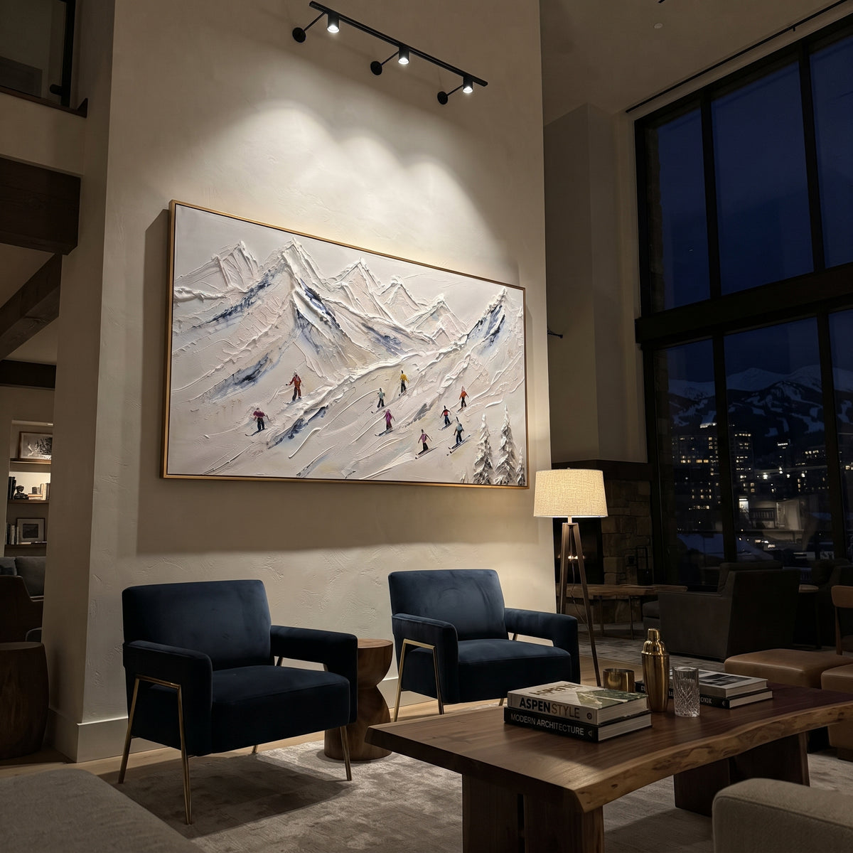 Quiet Snow Corridors focuses on a broad winter slope filled with curved ski trails and miniature moving figures. The artwork shows a winter ski scene built from the actual image: visible downhill figures, curved snow tracks, raised ridgelines, and alpine space arranged in a wide composition. The white, blue, gray palette gives the piece a cold mountain atmosphere while the thick impasto surface creates shadows along each snowbank, ski line, and textured ridge. This is presented as hand-painted