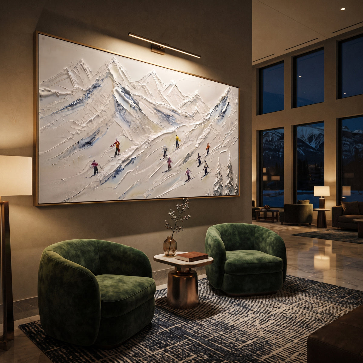 Quiet Snow Corridors focuses on a broad winter slope filled with curved ski trails and miniature moving figures. The artwork shows a winter ski scene built from the actual image: visible downhill figures, curved snow tracks, raised ridgelines, and alpine space arranged in a wide composition. The white, blue, gray palette gives the piece a cold mountain atmosphere while the thick impasto surface creates shadows along each snowbank, ski line, and textured ridge. This is presented as hand-painted