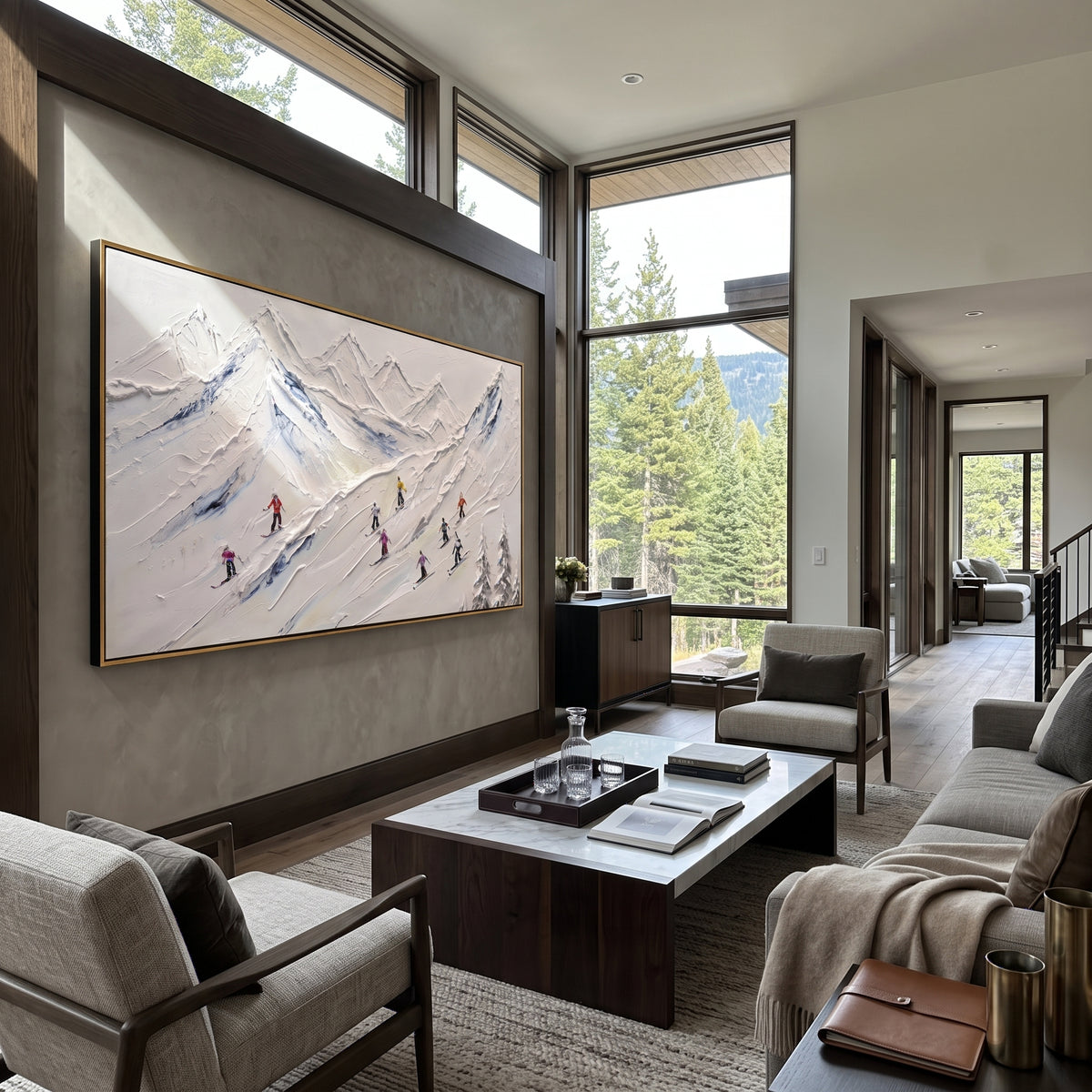Quiet Snow Corridors focuses on a broad winter slope filled with curved ski trails and miniature moving figures. The artwork shows a winter ski scene built from the actual image: visible downhill figures, curved snow tracks, raised ridgelines, and alpine space arranged in a wide composition. The white, blue, gray palette gives the piece a cold mountain atmosphere while the thick impasto surface creates shadows along each snowbank, ski line, and textured ridge. This is presented as hand-painted