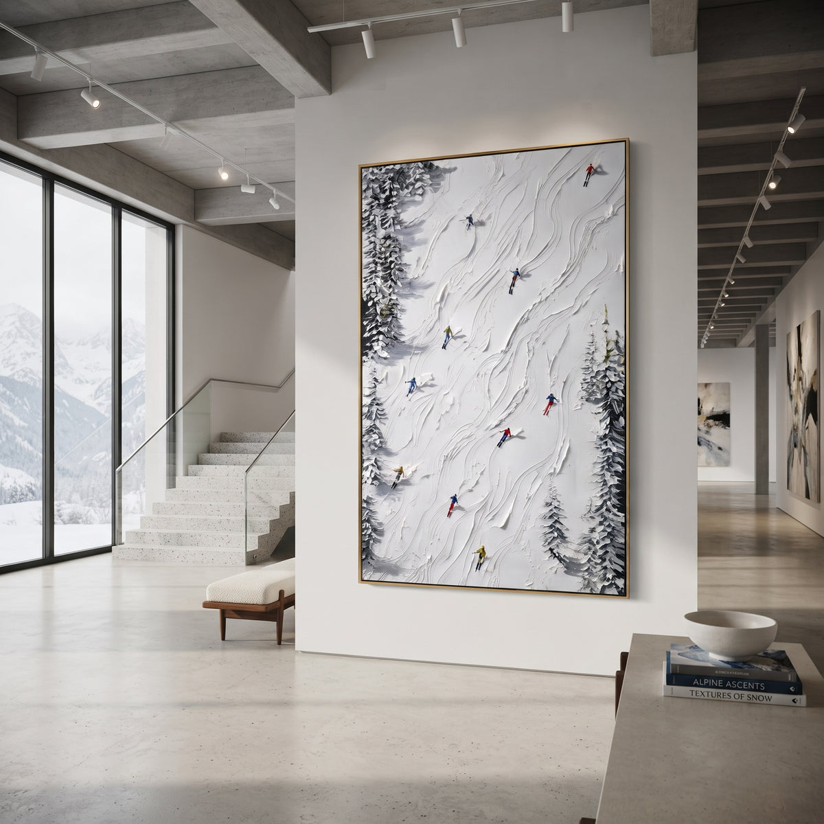 Silver Mountain Run focuses on a calm mountain basin with crisp tracks, snow shelves, and small skiers. The artwork shows a winter ski scene built from the actual image: visible downhill figures, curved snow tracks, raised ridgelines, and alpine space arranged in a tall composition. The white, gray, blue palette gives the piece a cold mountain atmosphere while the thick impasto surface creates shadows along each snowbank, ski line, and textured ridge. This is presented as hand-painted textured