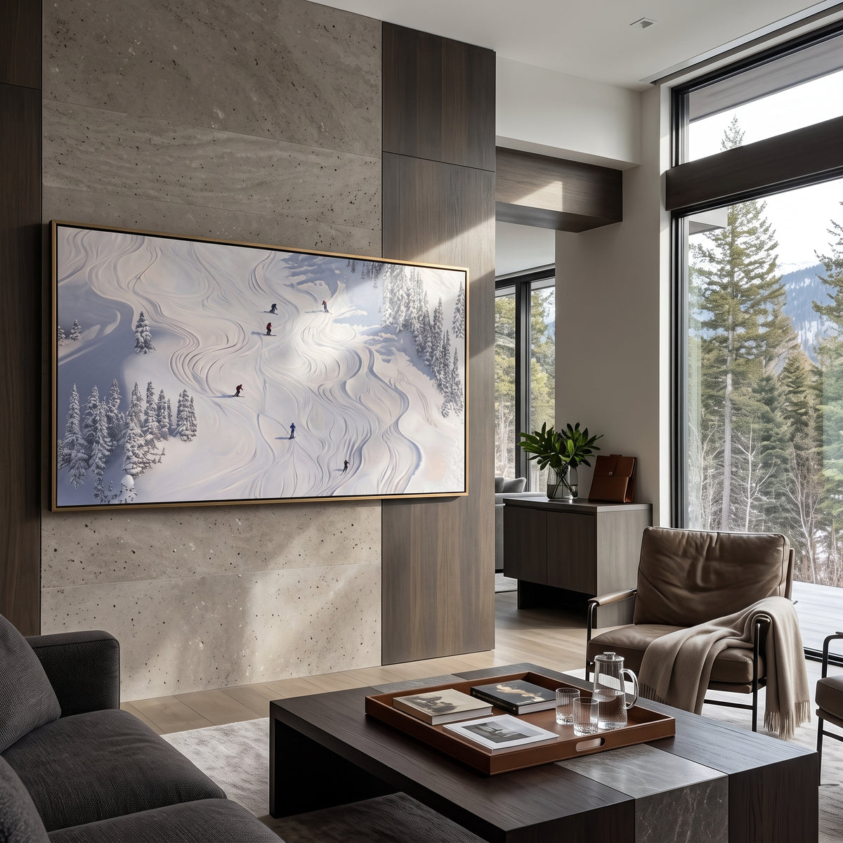 North Ski Traverse focuses on small downhill figures moving over carved impasto snow channels and soft blue shadows. The artwork shows a winter ski scene built from the actual image: visible downhill figures, curved snow tracks, raised ridgelines, and alpine space arranged in a wide composition. The white, black, gray palette gives the piece a cold mountain atmosphere while the thick impasto surface creates shadows along each snowbank, ski line, and textured ridge. This is presented as