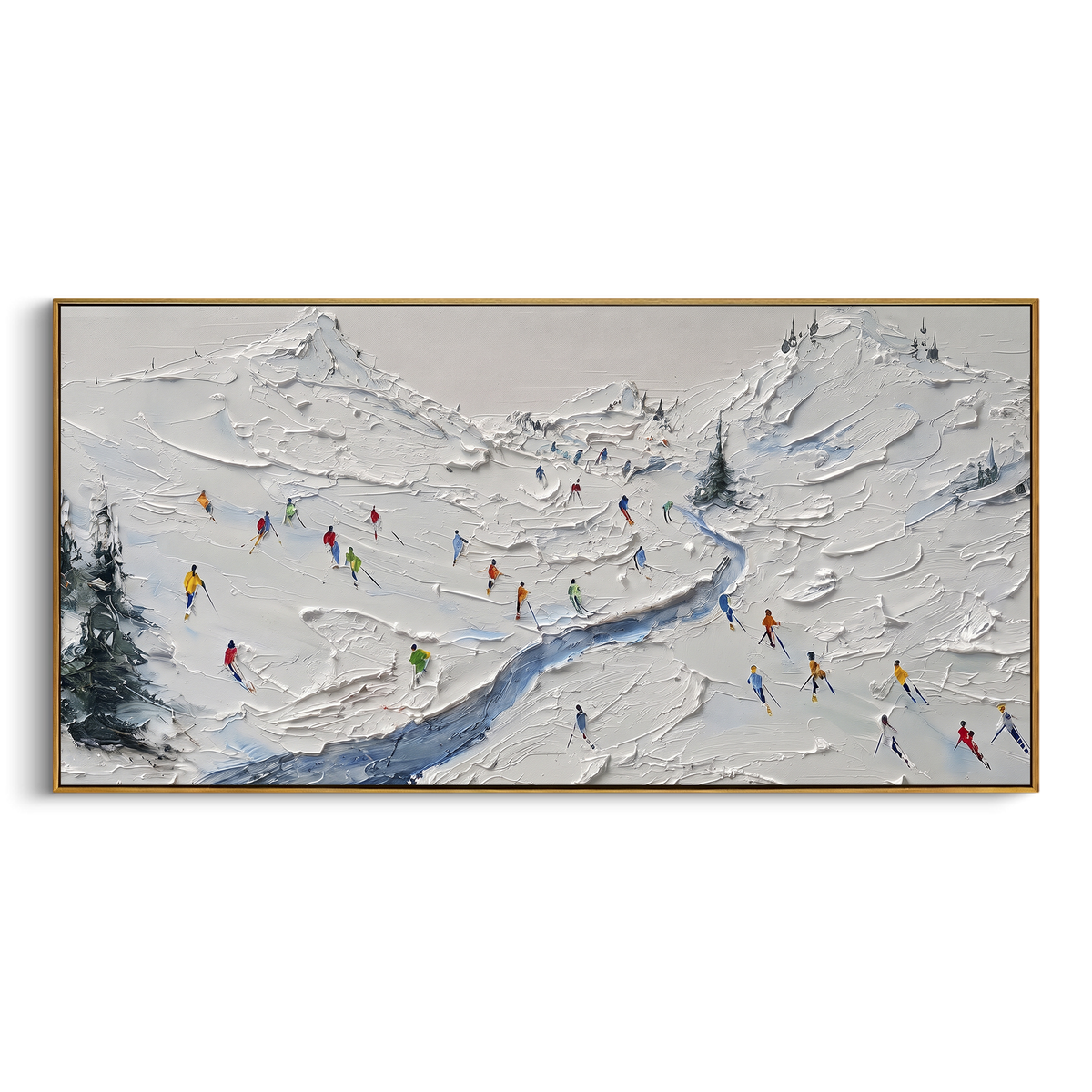 Cold Ski Tracks focuses on a broad winter slope filled with curved ski trails and miniature moving figures. The artwork shows a winter ski scene built from the actual image: visible downhill figures, curved snow tracks, raised ridgelines, and alpine space arranged in a wide composition. The white, beige, blue palette gives the piece a cold mountain atmosphere while the thick impasto surface creates shadows along each snowbank, ski line, and textured ridge. This is presented as hand-painted