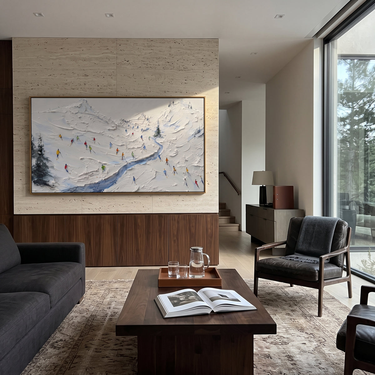 Cold Ski Tracks focuses on a broad winter slope filled with curved ski trails and miniature moving figures. The artwork shows a winter ski scene built from the actual image: visible downhill figures, curved snow tracks, raised ridgelines, and alpine space arranged in a wide composition. The white, beige, blue palette gives the piece a cold mountain atmosphere while the thick impasto surface creates shadows along each snowbank, ski line, and textured ridge. This is presented as hand-painted