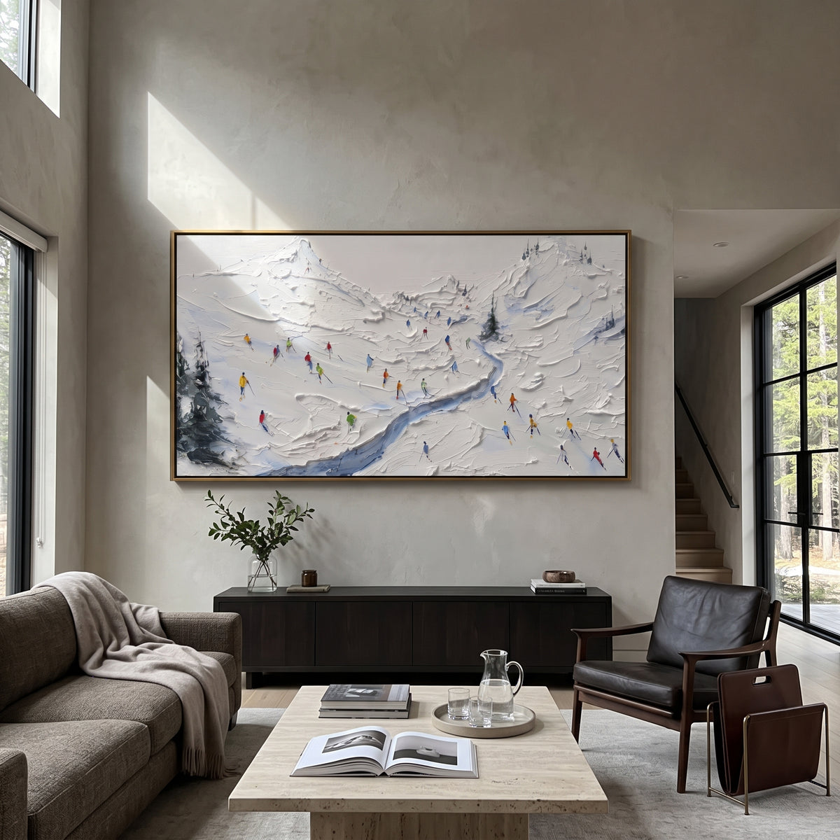 Cold Ski Tracks focuses on a broad winter slope filled with curved ski trails and miniature moving figures. The artwork shows a winter ski scene built from the actual image: visible downhill figures, curved snow tracks, raised ridgelines, and alpine space arranged in a wide composition. The white, beige, blue palette gives the piece a cold mountain atmosphere while the thick impasto surface creates shadows along each snowbank, ski line, and textured ridge. This is presented as hand-painted