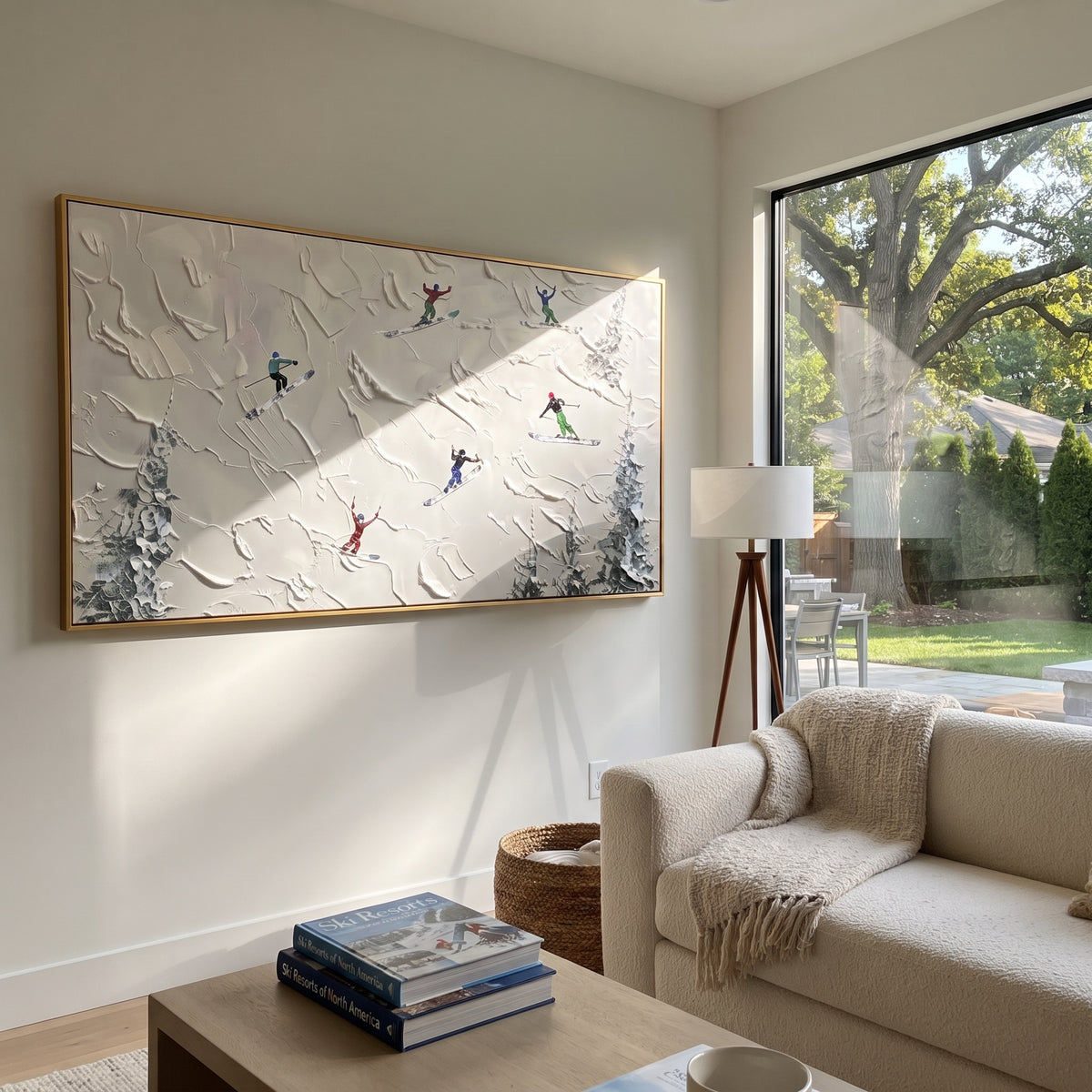 Valley Ski Run focuses on small downhill figures moving over carved impasto snow channels and soft blue shadows. The artwork shows a winter ski scene built from the actual image: visible downhill figures, curved snow tracks, raised ridgelines, and alpine space arranged in a wide composition. The white, gray, blue palette gives the piece a cold mountain atmosphere while the thick impasto surface creates shadows along each snowbank, ski line, and textured ridge. This is presented as hand-painted