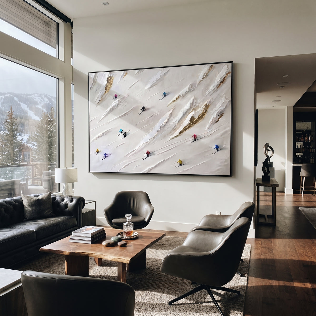 Misty Ski Valley focuses on soft gray snowfields broken by colorful skiers and thick ridge texture. The artwork shows a winter ski scene built from the actual image: visible downhill figures, curved snow tracks, raised ridgelines, and alpine space arranged in a wide composition. The white, black, gray palette gives the piece a cold mountain atmosphere while the thick impasto surface creates shadows along each snowbank, ski line, and textured ridge. This is presented as hand-painted textured