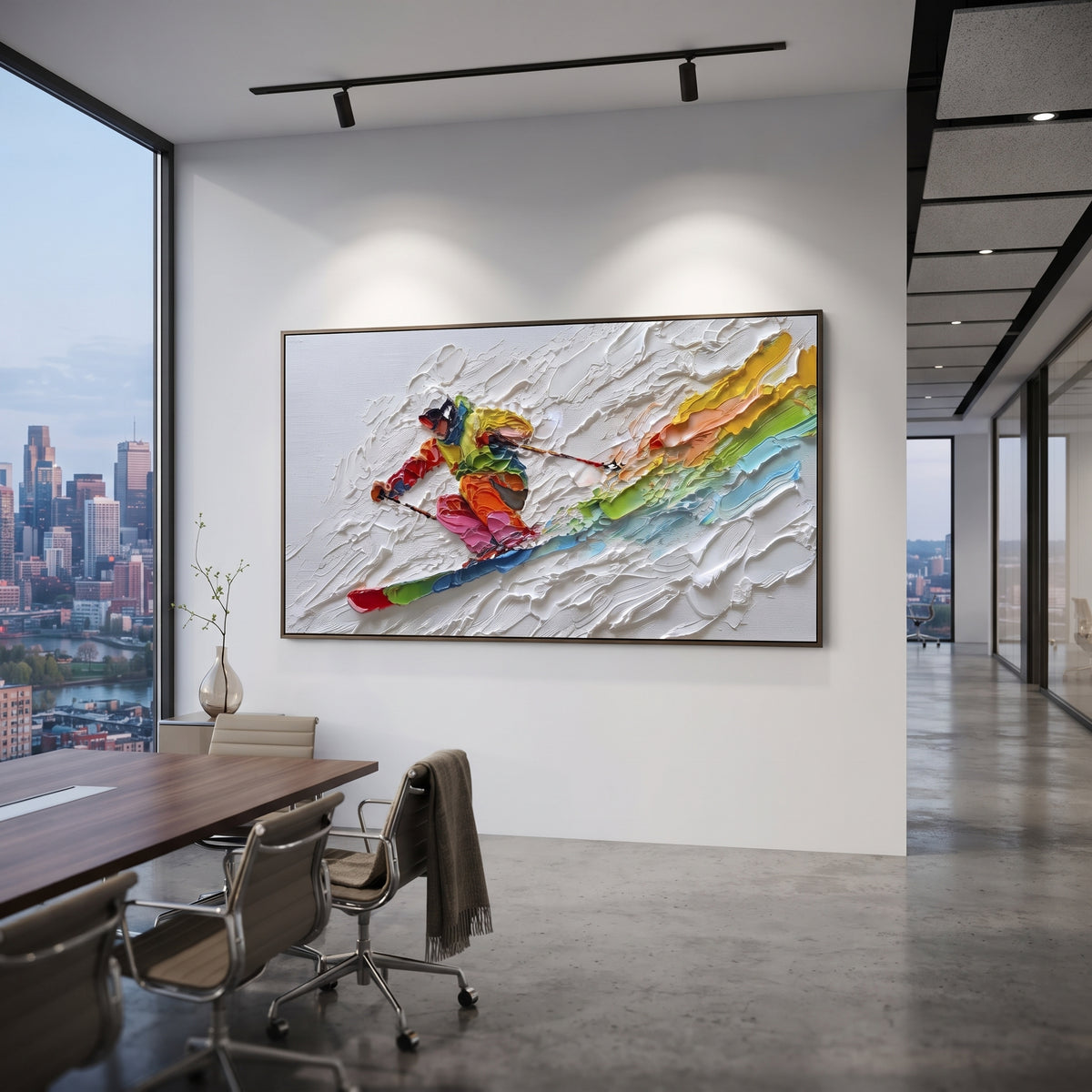 Rainbow Downhill Skier focuses on a close skier sweeping across thick white snow while rainbow bands trail behind the figure. The artwork shows a winter ski scene built from the actual image: visible downhill figures, curved snow tracks, raised ridgelines, and alpine space arranged in a wide composition. The white, green, red palette gives the piece a cold mountain atmosphere while the thick impasto surface creates shadows along each snowbank, ski line, and textured ridge. This is presented as