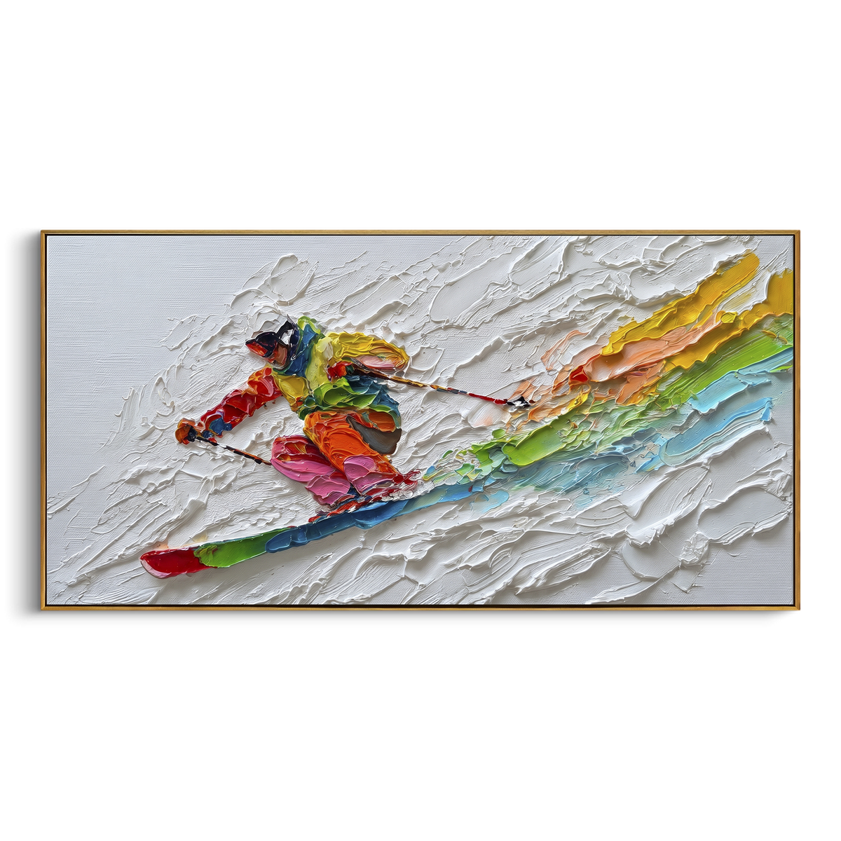 Rainbow Downhill Skier focuses on a close skier sweeping across thick white snow while rainbow bands trail behind the figure. The artwork shows a winter ski scene built from the actual image: visible downhill figures, curved snow tracks, raised ridgelines, and alpine space arranged in a wide composition. The white, green, red palette gives the piece a cold mountain atmosphere while the thick impasto surface creates shadows along each snowbank, ski line, and textured ridge. This is presented as