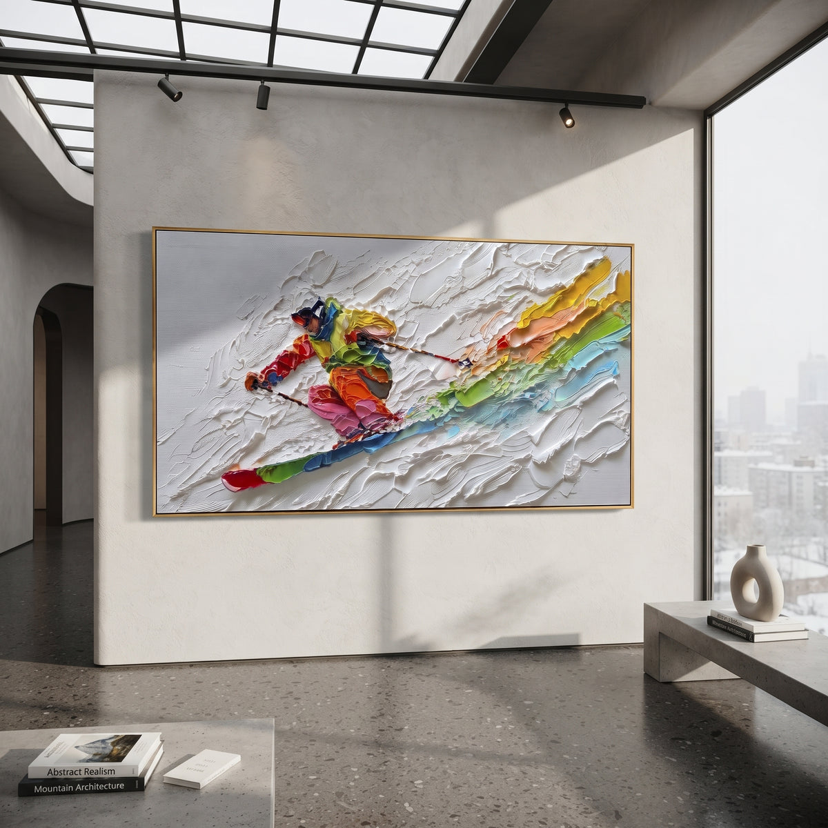 Rainbow Downhill Skier focuses on a close skier sweeping across thick white snow while rainbow bands trail behind the figure. The artwork shows a winter ski scene built from the actual image: visible downhill figures, curved snow tracks, raised ridgelines, and alpine space arranged in a wide composition. The white, green, red palette gives the piece a cold mountain atmosphere while the thick impasto surface creates shadows along each snowbank, ski line, and textured ridge. This is presented as