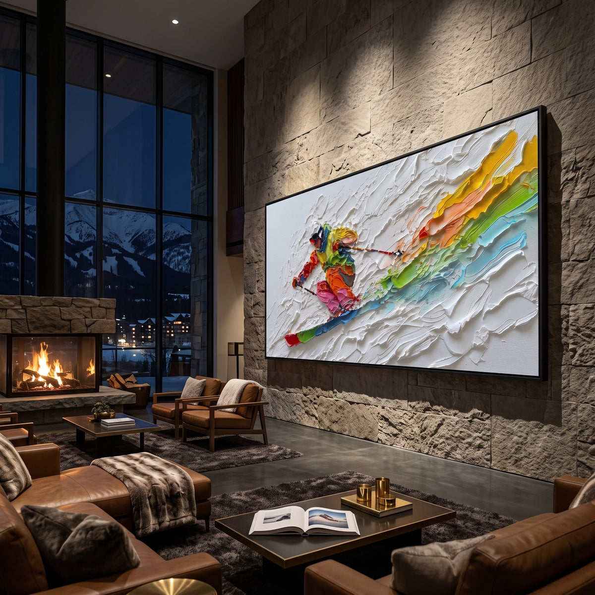 Rainbow Downhill Skier focuses on a close skier sweeping across thick white snow while rainbow bands trail behind the figure. The artwork shows a winter ski scene built from the actual image: visible downhill figures, curved snow tracks, raised ridgelines, and alpine space arranged in a wide composition. The white, green, red palette gives the piece a cold mountain atmosphere while the thick impasto surface creates shadows along each snowbank, ski line, and textured ridge. This is presented as