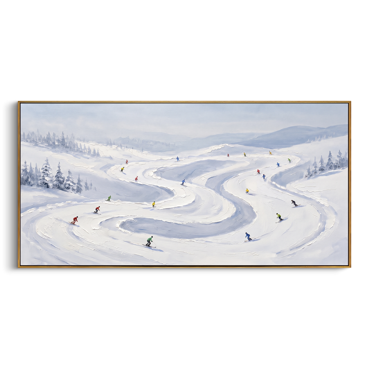 Slope Pine Slope focuses on small downhill figures moving over carved impasto snow channels and soft blue shadows. The artwork shows a winter ski scene built from the actual image: visible downhill figures, curved snow tracks, raised ridgelines, and alpine space arranged in a wide composition. The blue, white, orange palette gives the piece a cold mountain atmosphere while the thick impasto surface creates shadows along each snowbank, ski line, and textured ridge. This is presented as
