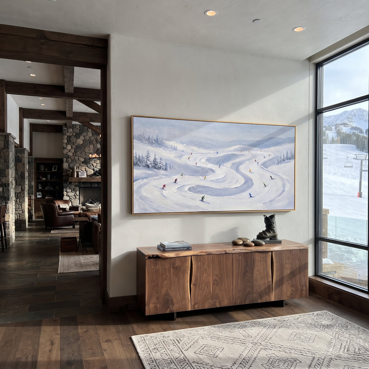 Slope Pine Slope focuses on small downhill figures moving over carved impasto snow channels and soft blue shadows. The artwork shows a winter ski scene built from the actual image: visible downhill figures, curved snow tracks, raised ridgelines, and alpine space arranged in a wide composition. The blue, white, orange palette gives the piece a cold mountain atmosphere while the thick impasto surface creates shadows along each snowbank, ski line, and textured ridge. This is presented as