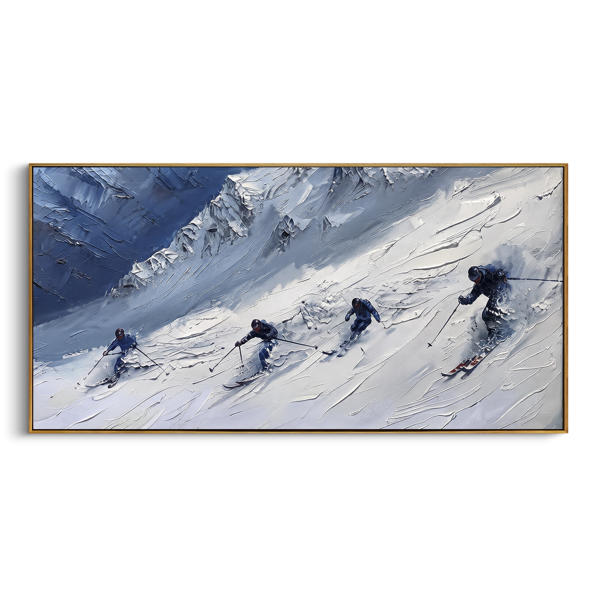 Peak Alpine Descent focuses on a broad winter slope filled with curved ski trails and miniature moving figures. The artwork shows a winter ski scene built from the actual image: visible downhill figures, curved snow tracks, raised ridgelines, and alpine space arranged in a wide composition. The white, blue, gray palette gives the piece a cold mountain atmosphere while the thick impasto surface creates shadows along each snowbank, ski line, and textured ridge. This is presented as hand-painted
