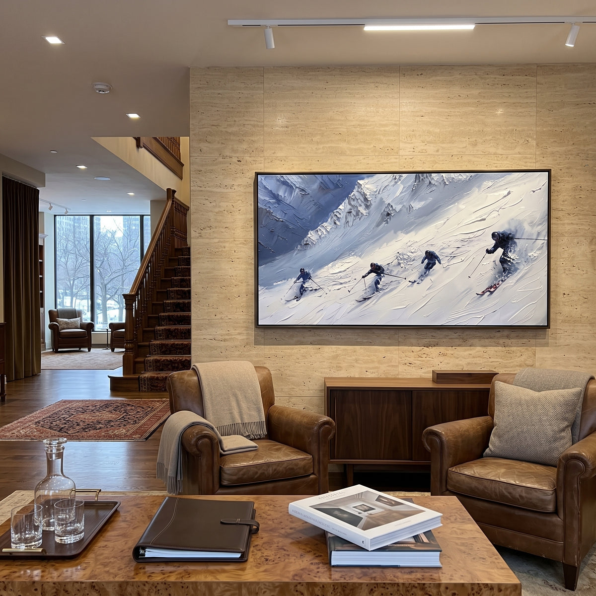 Peak Alpine Descent focuses on a broad winter slope filled with curved ski trails and miniature moving figures. The artwork shows a winter ski scene built from the actual image: visible downhill figures, curved snow tracks, raised ridgelines, and alpine space arranged in a wide composition. The white, blue, gray palette gives the piece a cold mountain atmosphere while the thick impasto surface creates shadows along each snowbank, ski line, and textured ridge. This is presented as hand-painted