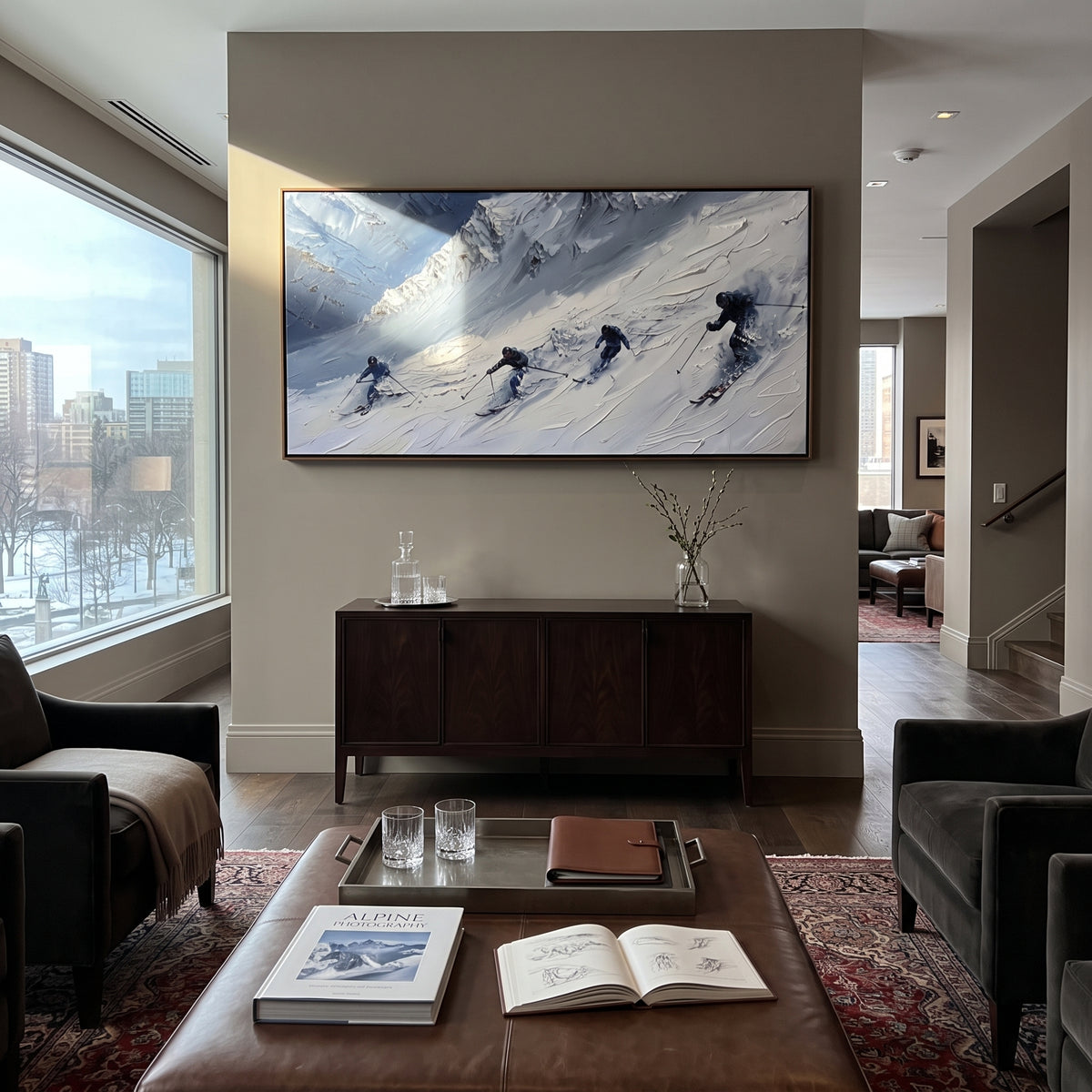 Peak Alpine Descent focuses on a broad winter slope filled with curved ski trails and miniature moving figures. The artwork shows a winter ski scene built from the actual image: visible downhill figures, curved snow tracks, raised ridgelines, and alpine space arranged in a wide composition. The white, blue, gray palette gives the piece a cold mountain atmosphere while the thick impasto surface creates shadows along each snowbank, ski line, and textured ridge. This is presented as hand-painted