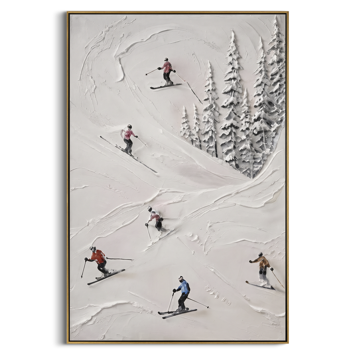 Trail Snow Corridors focuses on a forest-framed ski descent with clustered pines and winding carved tracks. The artwork shows a winter ski scene built from the actual image: visible downhill figures, curved snow tracks, raised ridgelines, and alpine space arranged in a tall composition. The white, blue, gray palette gives the piece a cold mountain atmosphere while the thick impasto surface creates shadows along each snowbank, ski line, and textured ridge. This is presented as hand-painted
