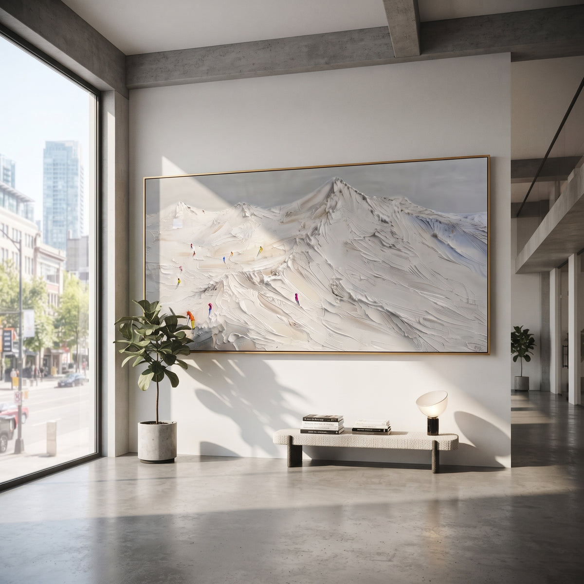 Liftline Ridge Skiers focuses on overlapping white ridges and skiers placed at different depths across the slope. The artwork shows a winter ski scene built from the actual image: visible downhill figures, curved snow tracks, raised ridgelines, and alpine space arranged in a wide composition. The white, green, blue palette gives the piece a cold mountain atmosphere while the thick impasto surface creates shadows along each snowbank, ski line, and textured ridge. This is presented as hand-painted