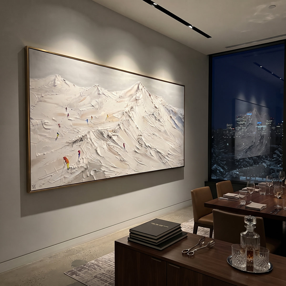 Liftline Ridge Skiers focuses on overlapping white ridges and skiers placed at different depths across the slope. The artwork shows a winter ski scene built from the actual image: visible downhill figures, curved snow tracks, raised ridgelines, and alpine space arranged in a wide composition. The white, green, blue palette gives the piece a cold mountain atmosphere while the thick impasto surface creates shadows along each snowbank, ski line, and textured ridge. This is presented as hand-painted