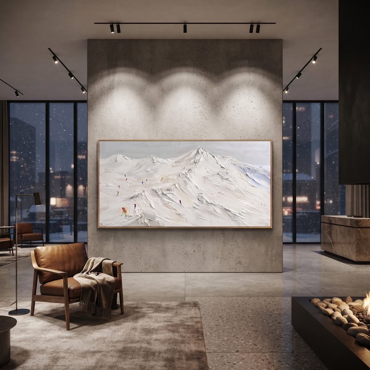 Liftline Ridge Skiers focuses on overlapping white ridges and skiers placed at different depths across the slope. The artwork shows a winter ski scene built from the actual image: visible downhill figures, curved snow tracks, raised ridgelines, and alpine space arranged in a wide composition. The white, green, blue palette gives the piece a cold mountain atmosphere while the thick impasto surface creates shadows along each snowbank, ski line, and textured ridge. This is presented as hand-painted
