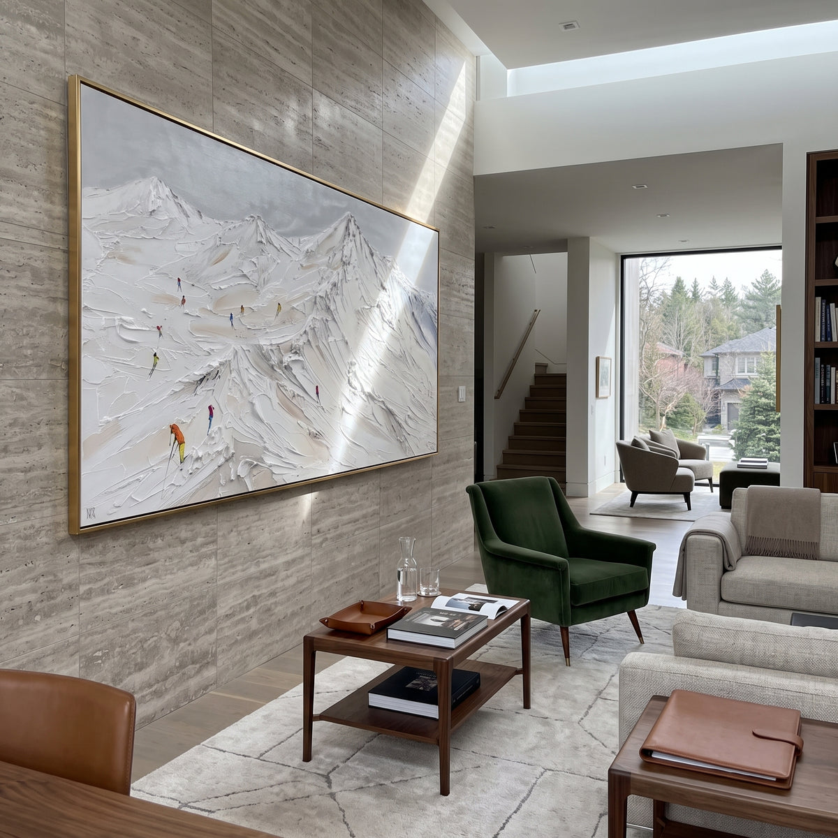 Liftline Ridge Skiers focuses on overlapping white ridges and skiers placed at different depths across the slope. The artwork shows a winter ski scene built from the actual image: visible downhill figures, curved snow tracks, raised ridgelines, and alpine space arranged in a wide composition. The white, green, blue palette gives the piece a cold mountain atmosphere while the thick impasto surface creates shadows along each snowbank, ski line, and textured ridge. This is presented as hand-painted