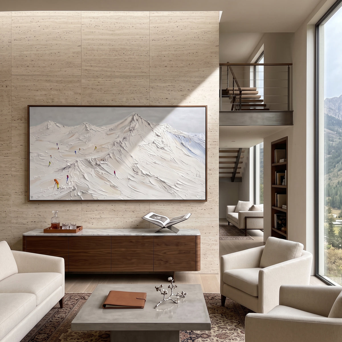Liftline Ridge Skiers focuses on overlapping white ridges and skiers placed at different depths across the slope. The artwork shows a winter ski scene built from the actual image: visible downhill figures, curved snow tracks, raised ridgelines, and alpine space arranged in a wide composition. The white, green, blue palette gives the piece a cold mountain atmosphere while the thick impasto surface creates shadows along each snowbank, ski line, and textured ridge. This is presented as hand-painted