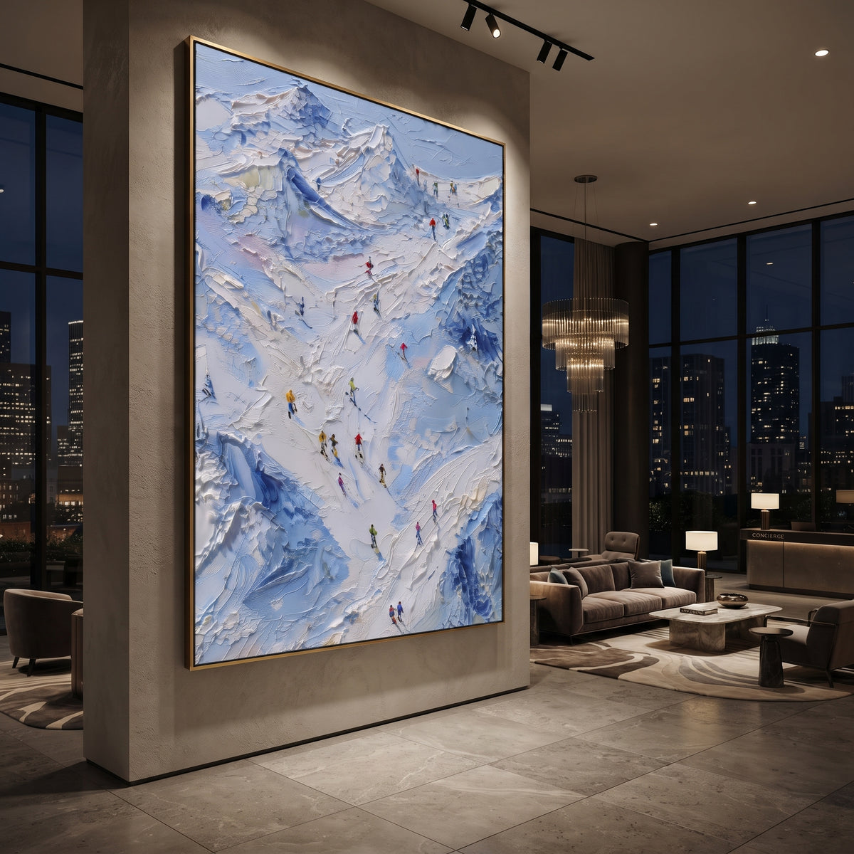 Downhill Snow Basin focuses on small downhill figures moving over carved impasto snow channels and soft blue shadows. The artwork shows a winter ski scene built from the actual image: visible downhill figures, curved snow tracks, raised ridgelines, and alpine space arranged in a tall composition. The white, black, gray palette gives the piece a cold mountain atmosphere while the thick impasto surface creates shadows along each snowbank, ski line, and textured ridge. This is presented as