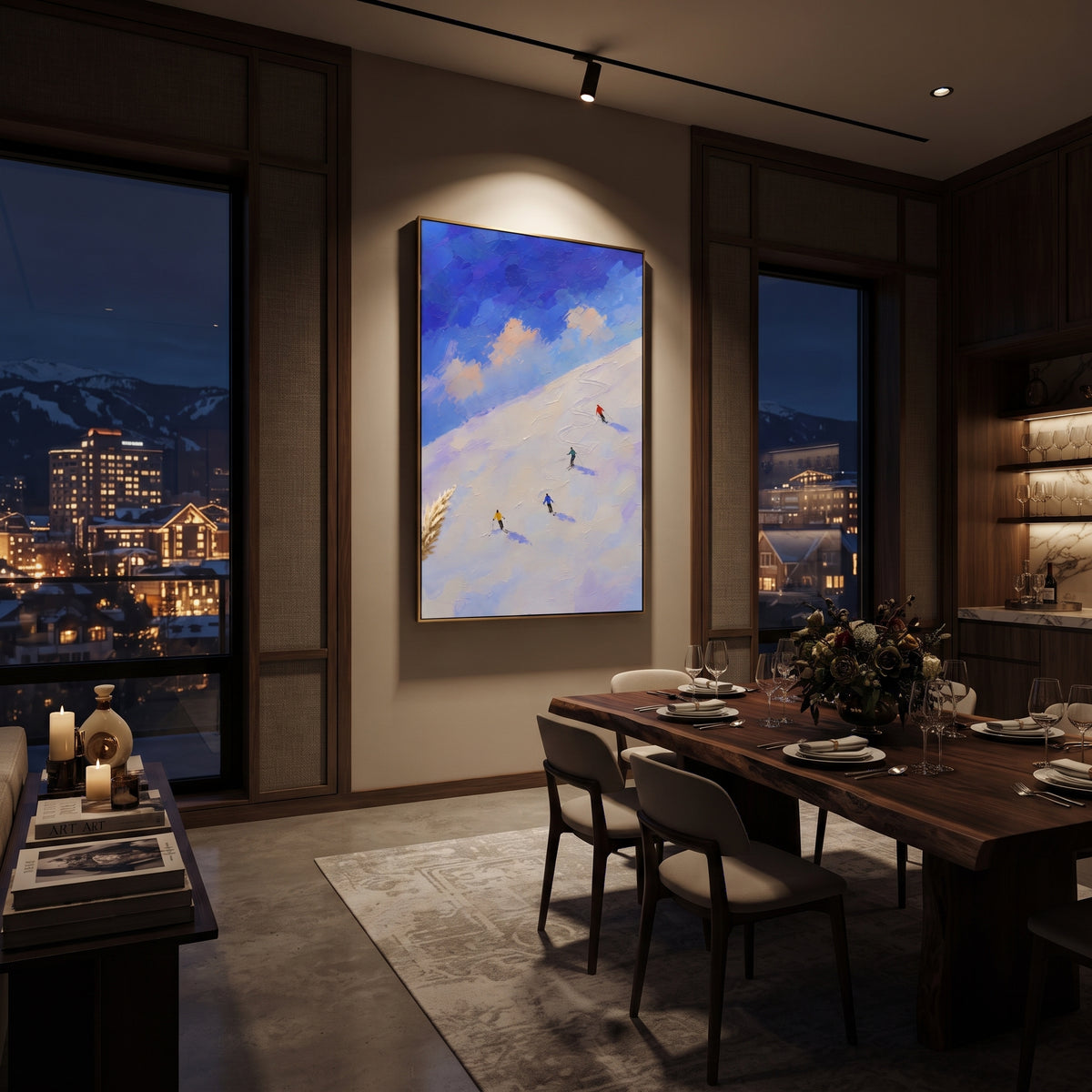 Fresh Snow Corridors focuses on a broad winter slope filled with curved ski trails and miniature moving figures. The artwork shows a winter ski scene built from the actual image: visible downhill figures, curved snow tracks, raised ridgelines, and alpine space arranged in a tall composition. The white, beige, blue palette gives the piece a cold mountain atmosphere while the thick impasto surface creates shadows along each snowbank, ski line, and textured ridge. This is presented as hand-painted