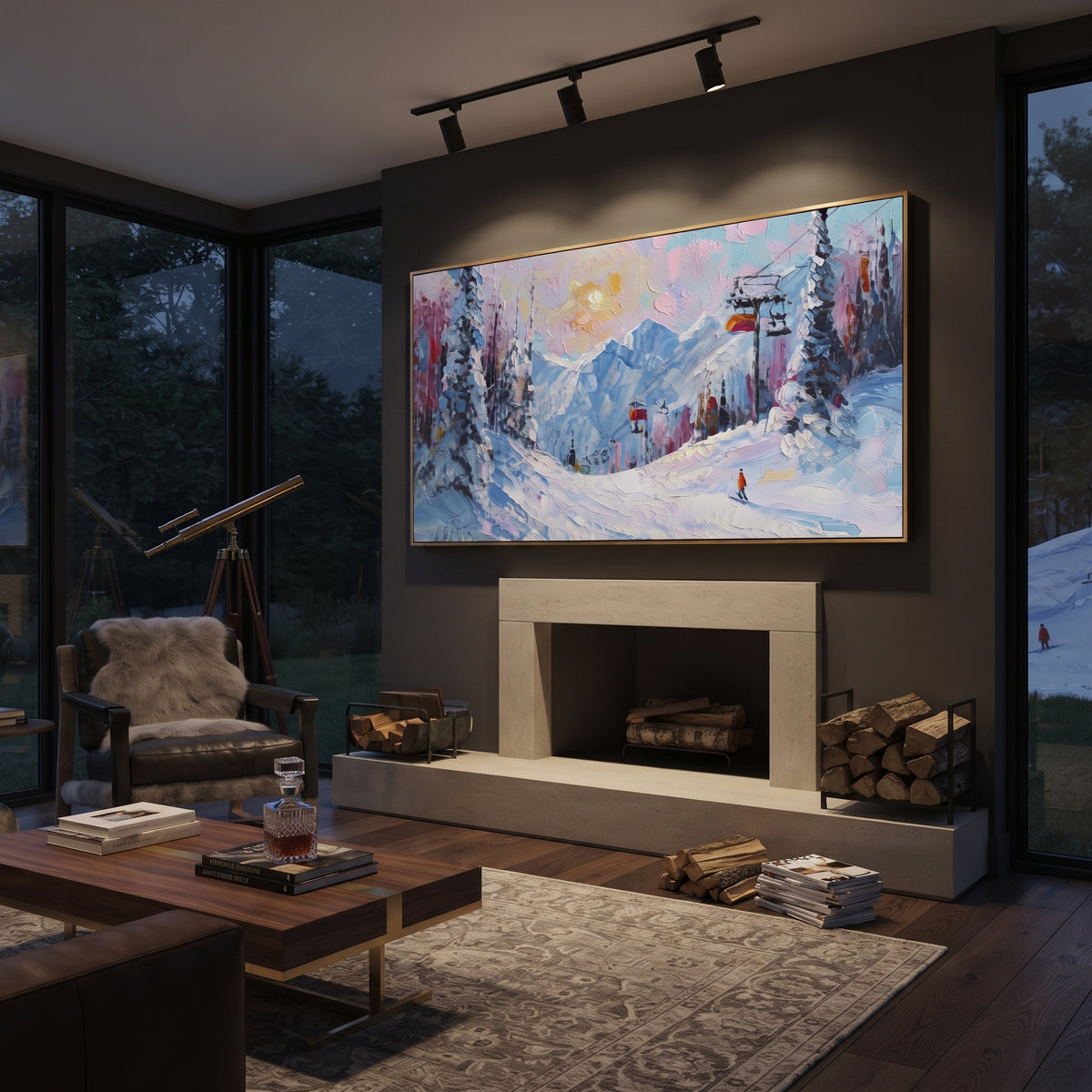 Pink Lift Alpine Village focuses on a pastel ski village scene with chairlifts, pink trees, blue peaks, and tiny skiers. The artwork shows a winter ski scene built from the actual image: visible downhill figures, curved snow tracks, raised ridgelines, and alpine space arranged in a wide composition. The pink, blue, white palette gives the piece a cold mountain atmosphere while the thick impasto surface creates shadows along each snowbank, ski line, and textured ridge. This is presented as