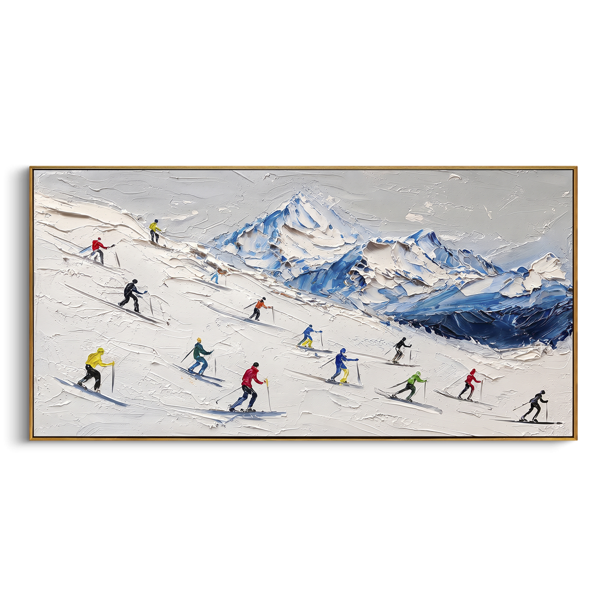 Forest Ski Tracks focuses on a broad winter slope filled with curved ski trails and miniature moving figures. The artwork shows a winter ski scene built from the actual image: visible downhill figures, curved snow tracks, raised ridgelines, and alpine space arranged in a wide composition. The white, green, blue palette gives the piece a cold mountain atmosphere while the thick impasto surface creates shadows along each snowbank, ski line, and textured ridge. This is presented as hand-painted