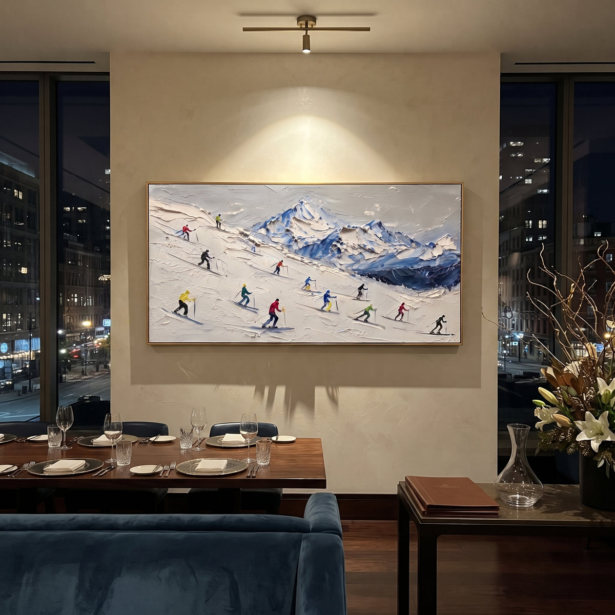 Forest Ski Tracks focuses on a broad winter slope filled with curved ski trails and miniature moving figures. The artwork shows a winter ski scene built from the actual image: visible downhill figures, curved snow tracks, raised ridgelines, and alpine space arranged in a wide composition. The white, green, blue palette gives the piece a cold mountain atmosphere while the thick impasto surface creates shadows along each snowbank, ski line, and textured ridge. This is presented as hand-painted