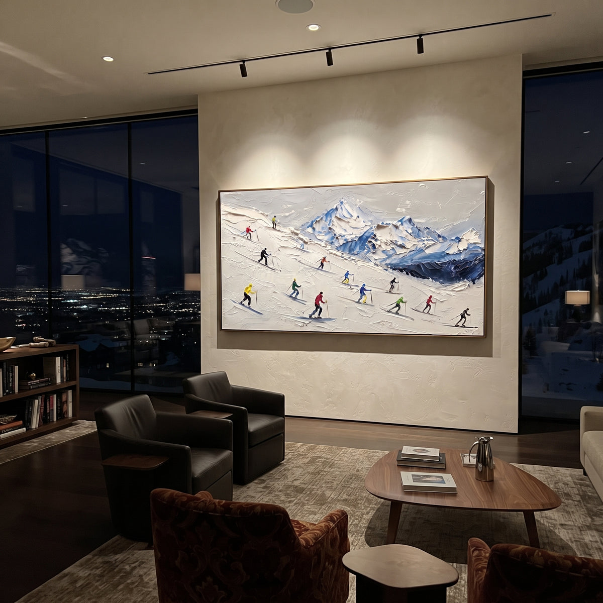 Forest Ski Tracks focuses on a broad winter slope filled with curved ski trails and miniature moving figures. The artwork shows a winter ski scene built from the actual image: visible downhill figures, curved snow tracks, raised ridgelines, and alpine space arranged in a wide composition. The white, green, blue palette gives the piece a cold mountain atmosphere while the thick impasto surface creates shadows along each snowbank, ski line, and textured ridge. This is presented as hand-painted