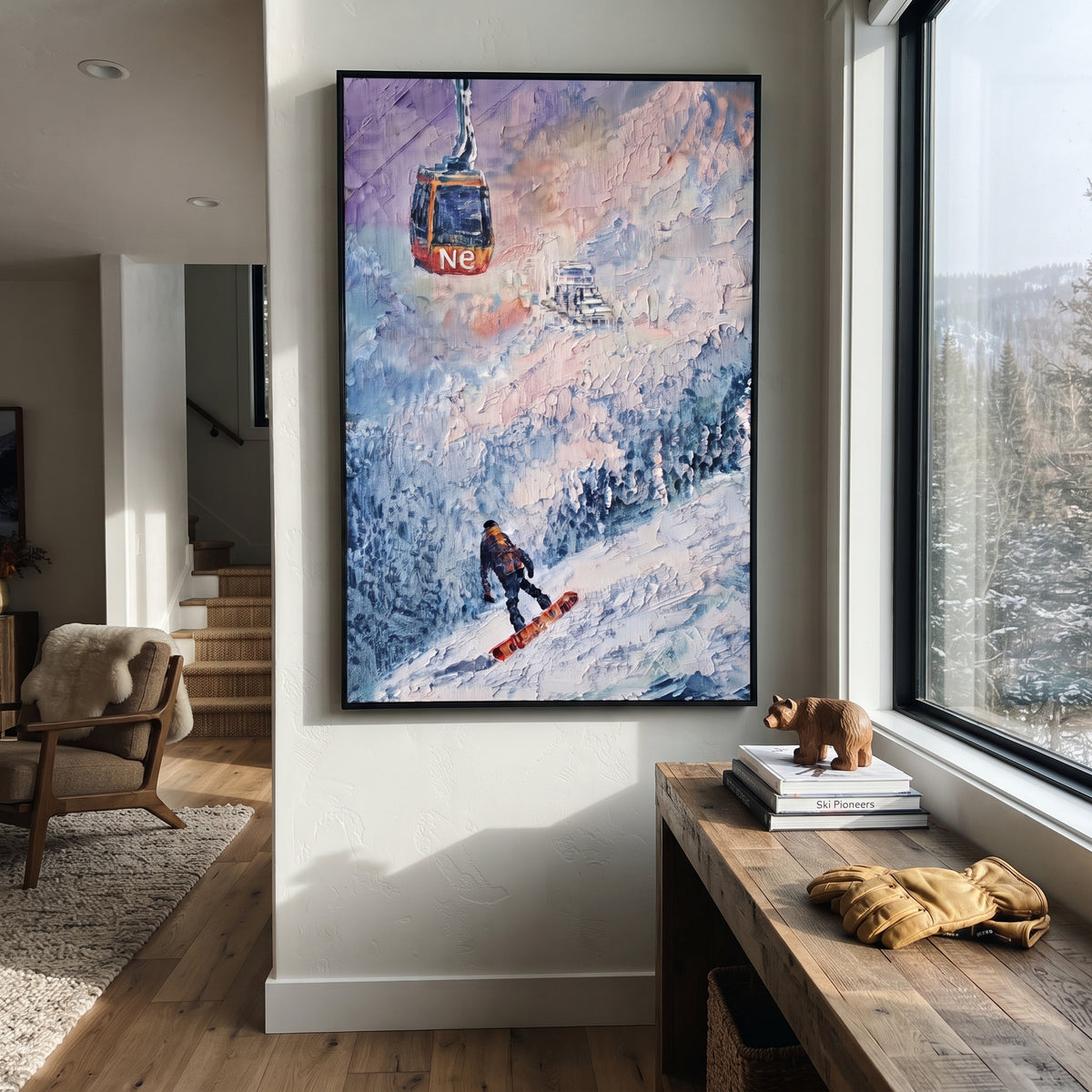 Gondola Snowboard Descent focuses on a snowboarder dropping under a red gondola through frosted blue trees. The artwork shows a winter ski scene built from the actual image: visible downhill figures, curved snow tracks, raised ridgelines, and alpine space arranged in a tall composition. The blue, white, red palette gives the piece a cold mountain atmosphere while the thick impasto surface creates shadows along each snowbank, ski line, and textured ridge. This is presented as hand-painted