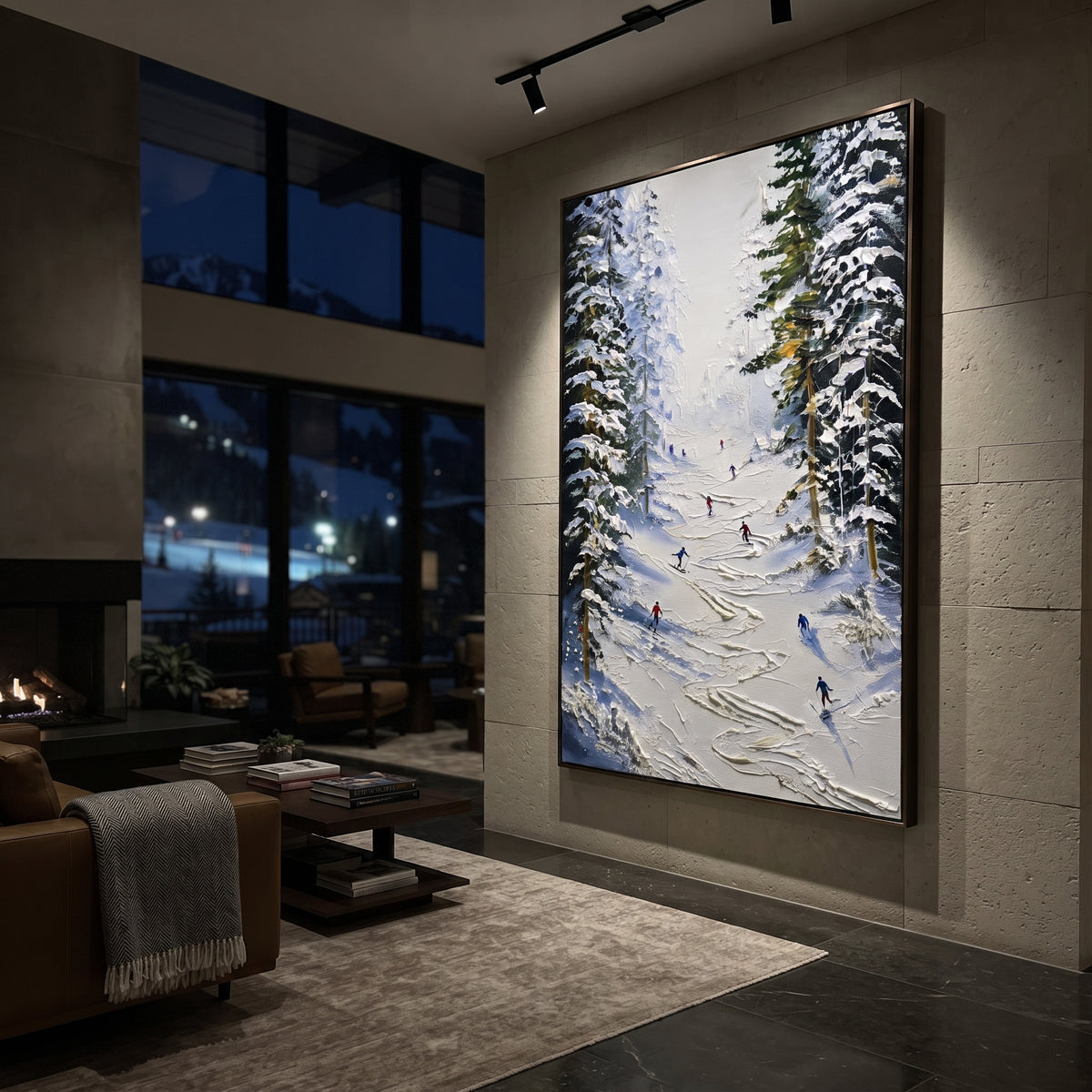 Snowfield Skiers With Pine Shadows focuses on colored skiers crossing raised white snow tracks between dark pine edges. The artwork shows a winter ski scene built from the actual image: visible downhill figures, curved snow tracks, raised ridgelines, and alpine space arranged in a tall composition. The white, beige, blue palette gives the piece a cold mountain atmosphere while the thick impasto surface creates shadows along each snowbank, ski line, and textured ridge. This is presented as