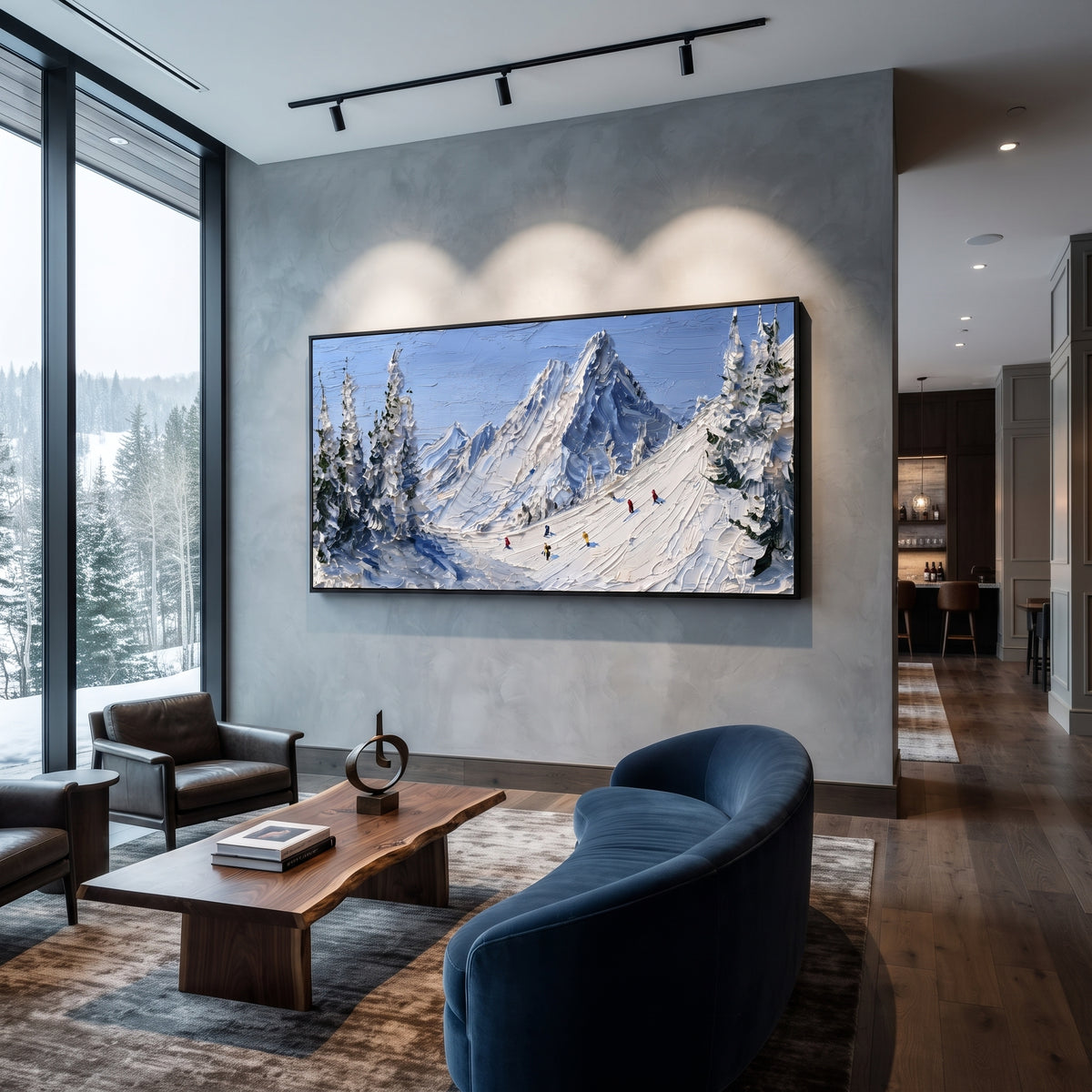 Frosted Powder Path focuses on a broad winter slope filled with curved ski trails and miniature moving figures. The artwork shows a winter ski scene built from the actual image: visible downhill figures, curved snow tracks, raised ridgelines, and alpine space arranged in a wide composition. The white, blue, gray palette gives the piece a cold mountain atmosphere while the thick impasto surface creates shadows along each snowbank, ski line, and textured ridge. This is presented as hand-painted