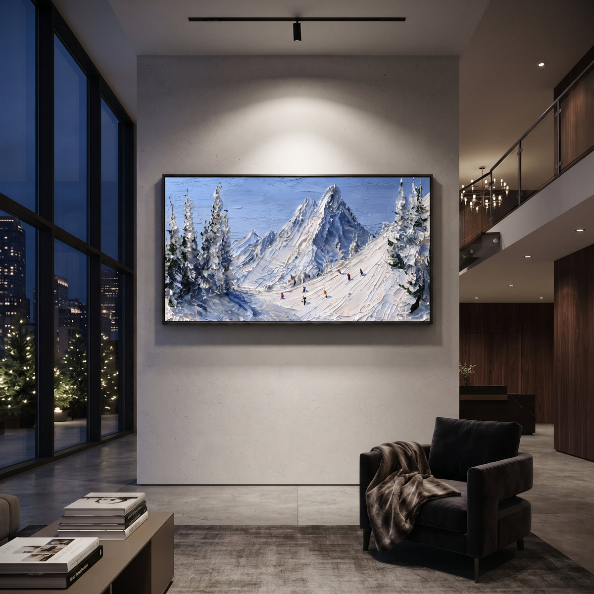Frosted Powder Path focuses on a broad winter slope filled with curved ski trails and miniature moving figures. The artwork shows a winter ski scene built from the actual image: visible downhill figures, curved snow tracks, raised ridgelines, and alpine space arranged in a wide composition. The white, blue, gray palette gives the piece a cold mountain atmosphere while the thick impasto surface creates shadows along each snowbank, ski line, and textured ridge. This is presented as hand-painted