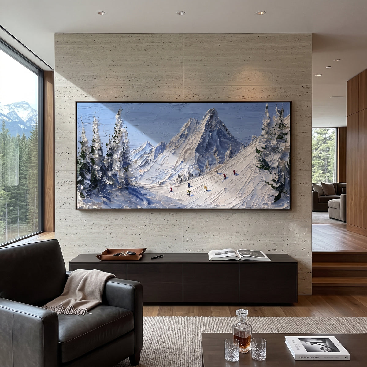 Frosted Powder Path focuses on a broad winter slope filled with curved ski trails and miniature moving figures. The artwork shows a winter ski scene built from the actual image: visible downhill figures, curved snow tracks, raised ridgelines, and alpine space arranged in a wide composition. The white, blue, gray palette gives the piece a cold mountain atmosphere while the thick impasto surface creates shadows along each snowbank, ski line, and textured ridge. This is presented as hand-painted