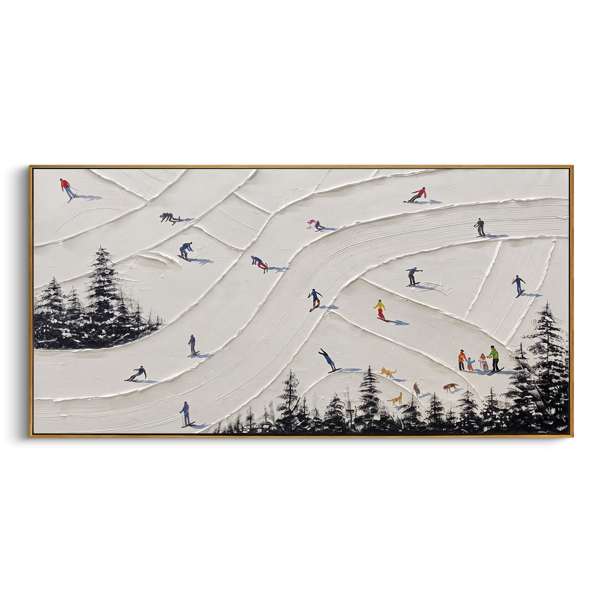 Pine Skiers With Pine Shadows focuses on overlapping white ridges and skiers placed at different depths across the slope. The artwork shows a winter ski scene built from the actual image: visible downhill figures, curved snow tracks, raised ridgelines, and alpine space arranged in a wide composition. The white, green, blue palette gives the piece a cold mountain atmosphere while the thick impasto surface creates shadows along each snowbank, ski line, and textured ridge. This is presented as