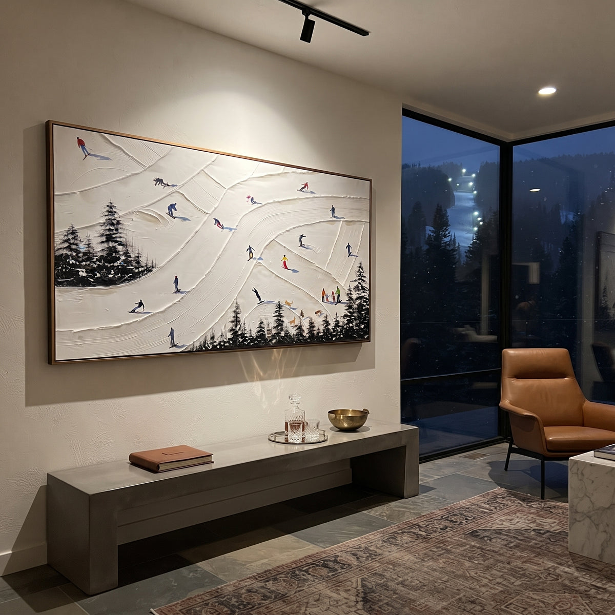 Pine Skiers With Pine Shadows focuses on overlapping white ridges and skiers placed at different depths across the slope. The artwork shows a winter ski scene built from the actual image: visible downhill figures, curved snow tracks, raised ridgelines, and alpine space arranged in a wide composition. The white, green, blue palette gives the piece a cold mountain atmosphere while the thick impasto surface creates shadows along each snowbank, ski line, and textured ridge. This is presented as