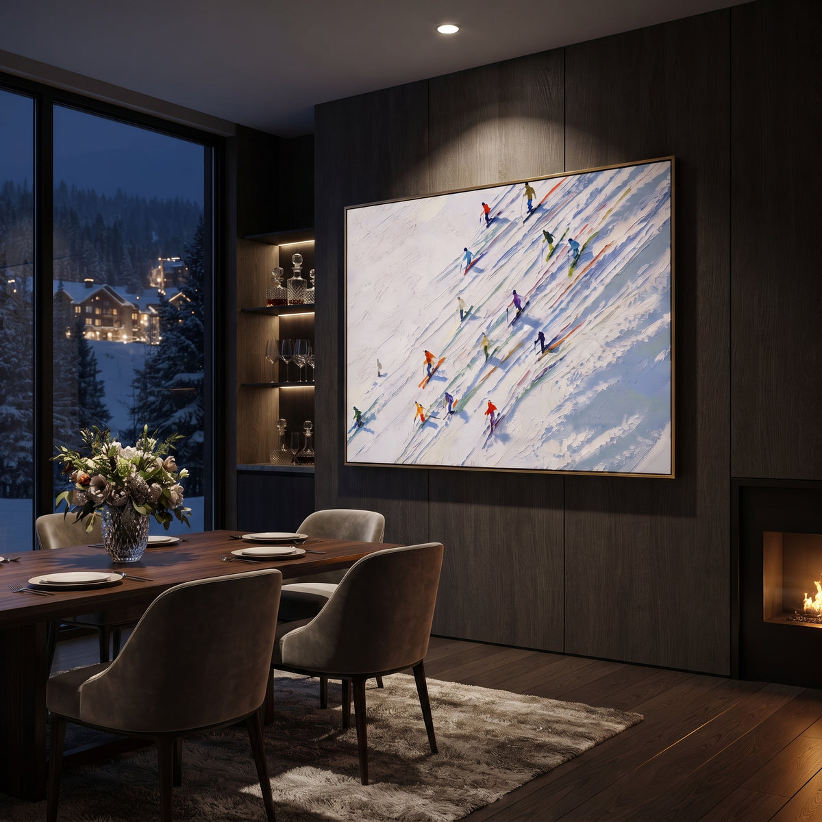 Winter Alpine Descent With Pine Shadows focuses on a broad winter slope filled with curved ski trails and miniature moving figures. The artwork shows a winter ski scene built from the actual image: visible downhill figures, curved snow tracks, raised ridgelines, and alpine space arranged in a wide composition. The white, beige, blue palette gives the piece a cold mountain atmosphere while the thick impasto surface creates shadows along each snowbank, ski line, and textured ridge. This is