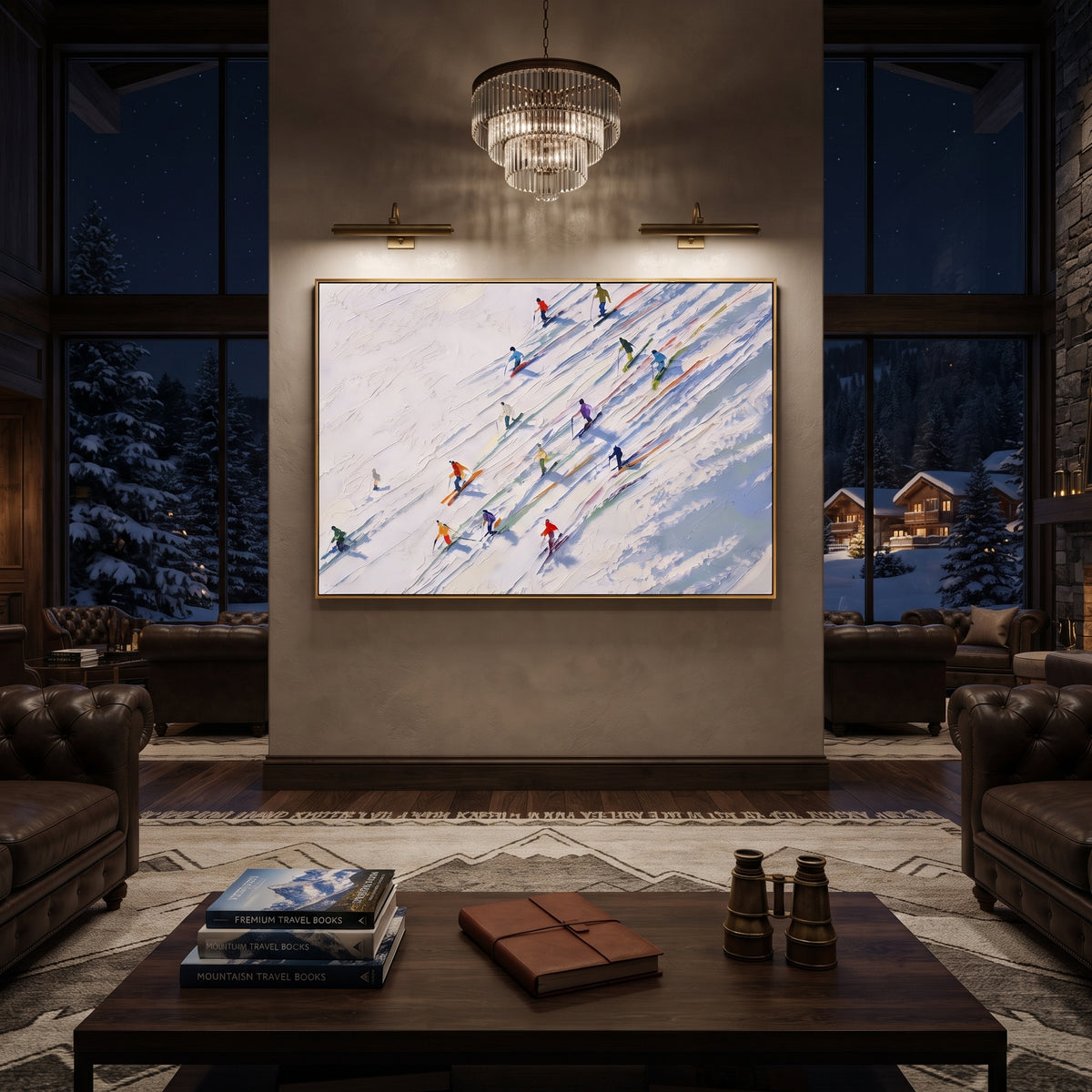 Winter Alpine Descent With Pine Shadows focuses on a broad winter slope filled with curved ski trails and miniature moving figures. The artwork shows a winter ski scene built from the actual image: visible downhill figures, curved snow tracks, raised ridgelines, and alpine space arranged in a wide composition. The white, beige, blue palette gives the piece a cold mountain atmosphere while the thick impasto surface creates shadows along each snowbank, ski line, and textured ridge. This is