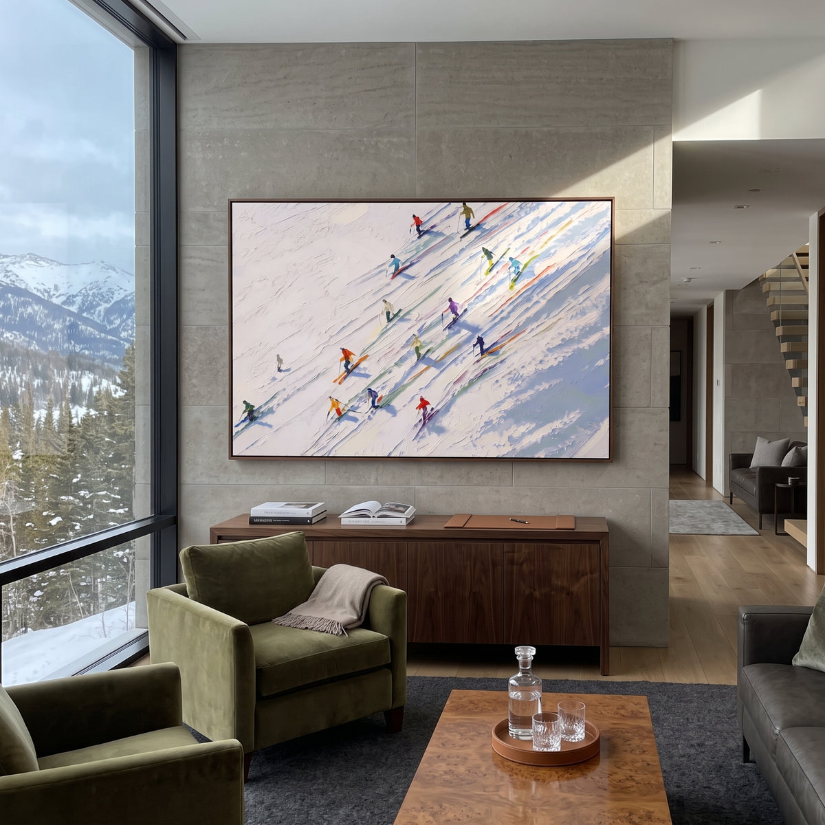 Winter Alpine Descent With Pine Shadows focuses on a broad winter slope filled with curved ski trails and miniature moving figures. The artwork shows a winter ski scene built from the actual image: visible downhill figures, curved snow tracks, raised ridgelines, and alpine space arranged in a wide composition. The white, beige, blue palette gives the piece a cold mountain atmosphere while the thick impasto surface creates shadows along each snowbank, ski line, and textured ridge. This is