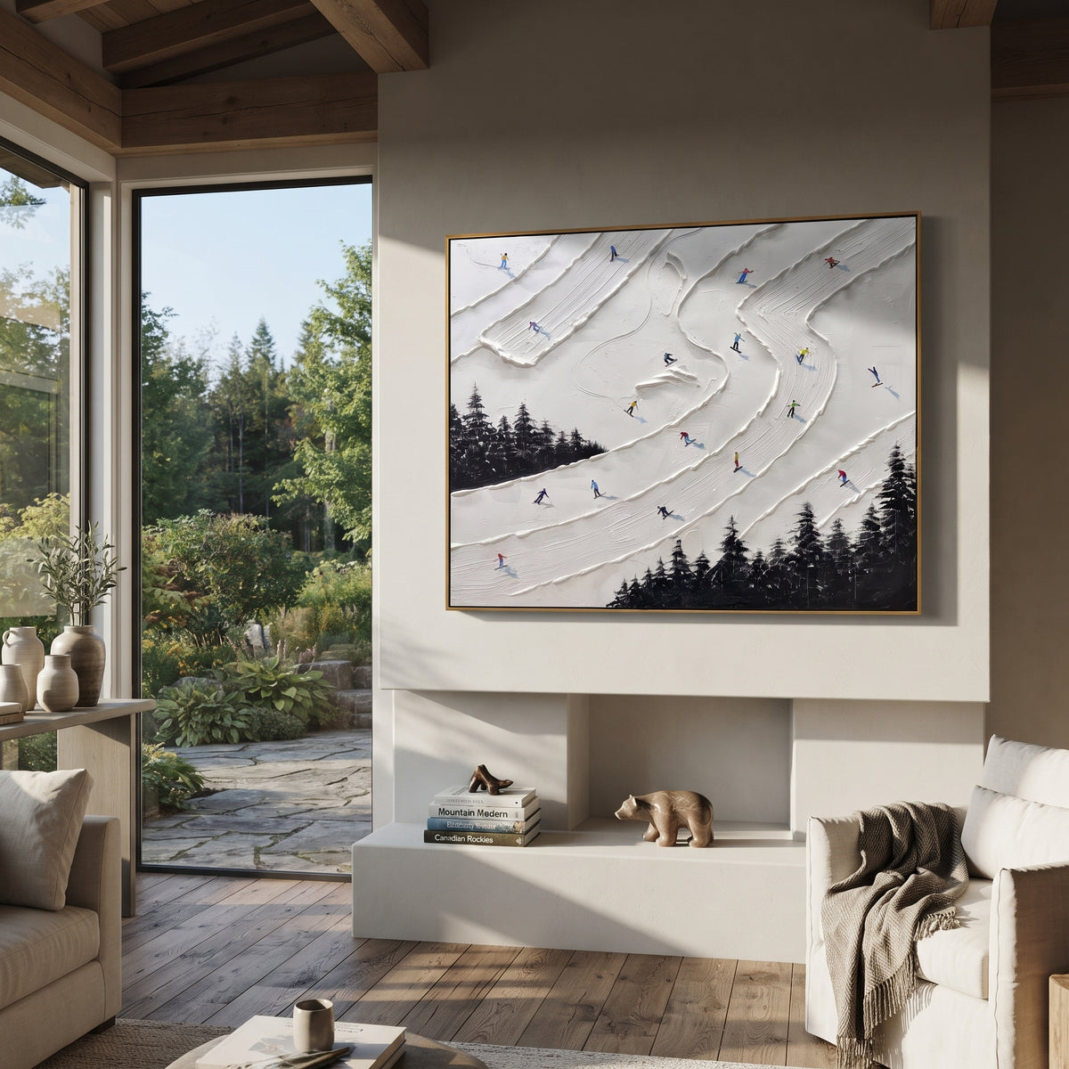 White Ridge Skiers With Pine Shadows focuses on overlapping white ridges and skiers placed at different depths across the slope. The artwork shows a winter ski scene built from the actual image: visible downhill figures, curved snow tracks, raised ridgelines, and alpine space arranged in a wide composition. The white, blue, gray palette gives the piece a cold mountain atmosphere while the thick impasto surface creates shadows along each snowbank, ski line, and textured ridge. This is presented
