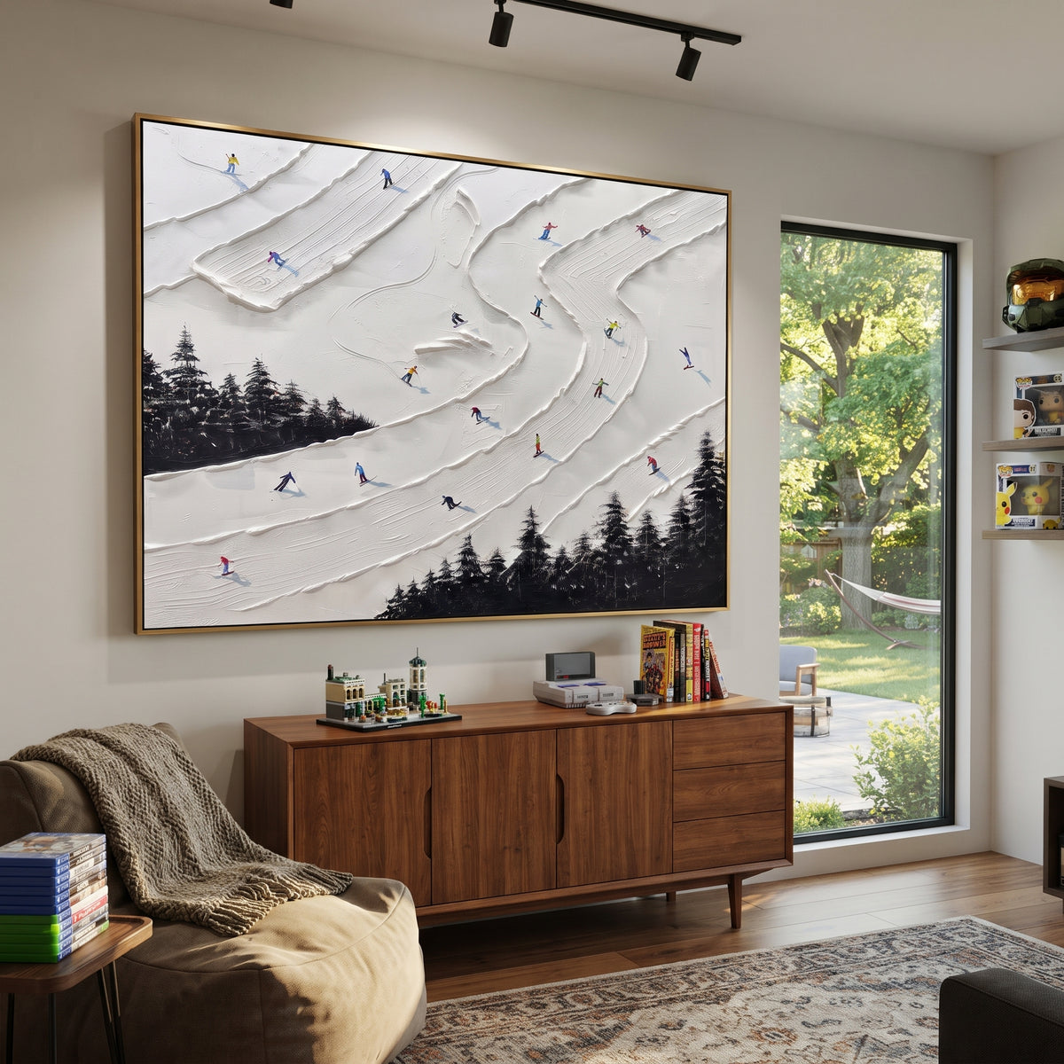 White Ridge Skiers With Pine Shadows focuses on overlapping white ridges and skiers placed at different depths across the slope. The artwork shows a winter ski scene built from the actual image: visible downhill figures, curved snow tracks, raised ridgelines, and alpine space arranged in a wide composition. The white, blue, gray palette gives the piece a cold mountain atmosphere while the thick impasto surface creates shadows along each snowbank, ski line, and textured ridge. This is presented