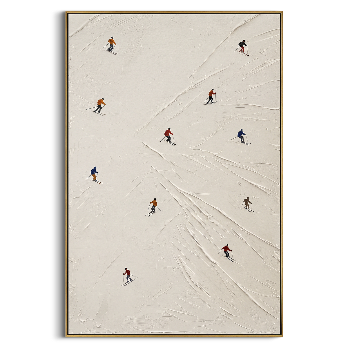 Blue Snow Basin With Pine Shadows focuses on small downhill figures moving over carved impasto snow channels and soft blue shadows. The artwork shows a winter ski scene built from the actual image: visible downhill figures, curved snow tracks, raised ridgelines, and alpine space arranged in a tall composition. The white, gray, blue palette gives the piece a cold mountain atmosphere while the thick impasto surface creates shadows along each snowbank, ski line, and textured ridge. This is