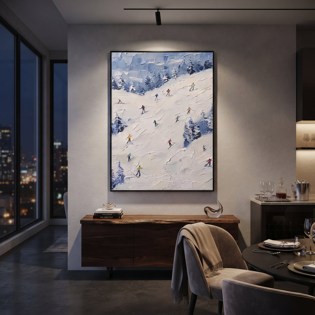 Quiet Snow Corridors With Pine Shadows focuses on a broad winter slope filled with curved ski trails and miniature moving figures. The artwork shows a winter ski scene built from the actual image: visible downhill figures, curved snow tracks, raised ridgelines, and alpine space arranged in a tall composition. The white, green, blue palette gives the piece a cold mountain atmosphere while the thick impasto surface creates shadows along each snowbank, ski line, and textured ridge. This is