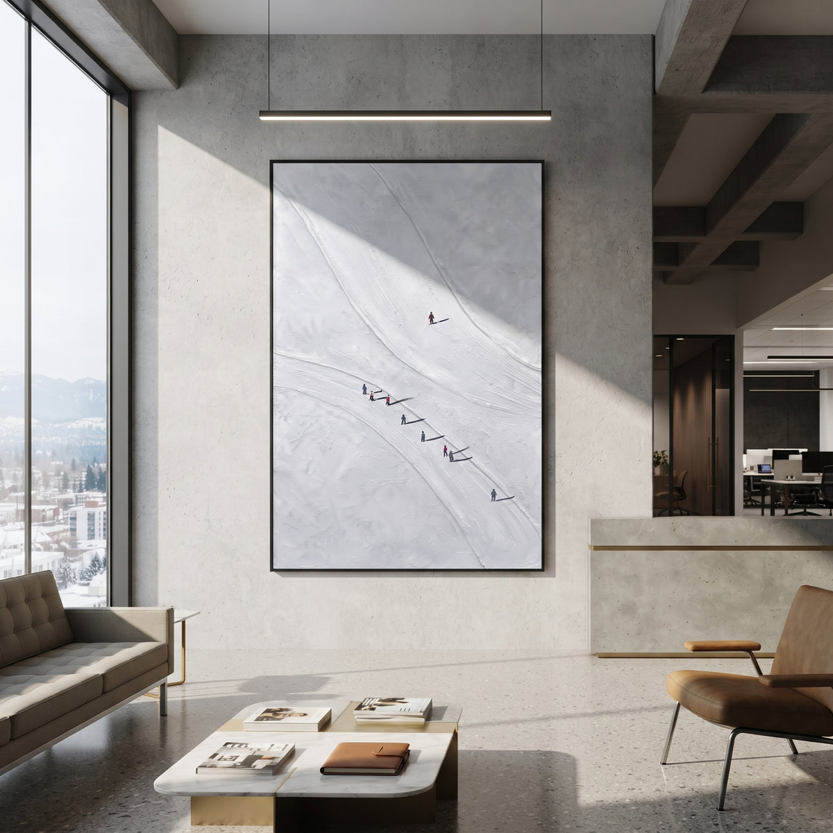 Carved Snow Trail With Pine Shadows focuses on soft gray snowfields broken by colorful skiers and thick ridge texture. The artwork shows a winter ski scene built from the actual image: visible downhill figures, curved snow tracks, raised ridgelines, and alpine space arranged in a tall composition. The white, black, gray palette gives the piece a cold mountain atmosphere while the thick impasto surface creates shadows along each snowbank, ski line, and textured ridge. This is presented as