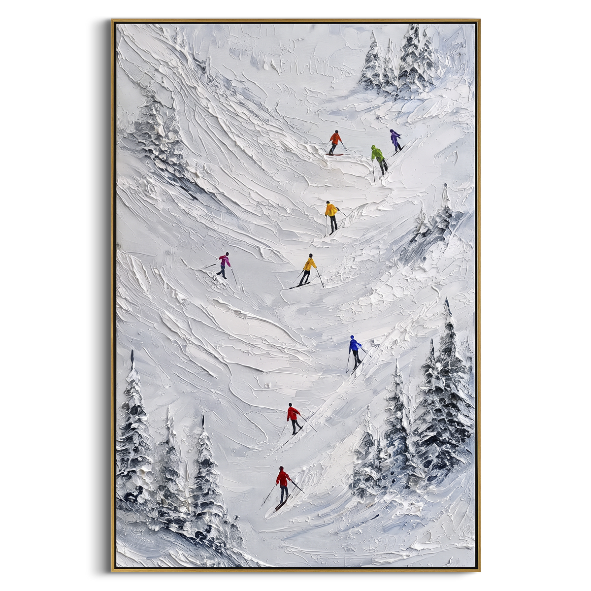 Silver Mountain Run With Pine Shadows focuses on a calm mountain basin with crisp tracks, snow shelves, and small skiers. The artwork shows a winter ski scene built from the actual image: visible downhill figures, curved snow tracks, raised ridgelines, and alpine space arranged in a tall composition. The white, black, gray palette gives the piece a cold mountain atmosphere while the thick impasto surface creates shadows along each snowbank, ski line, and textured ridge. This is presented as