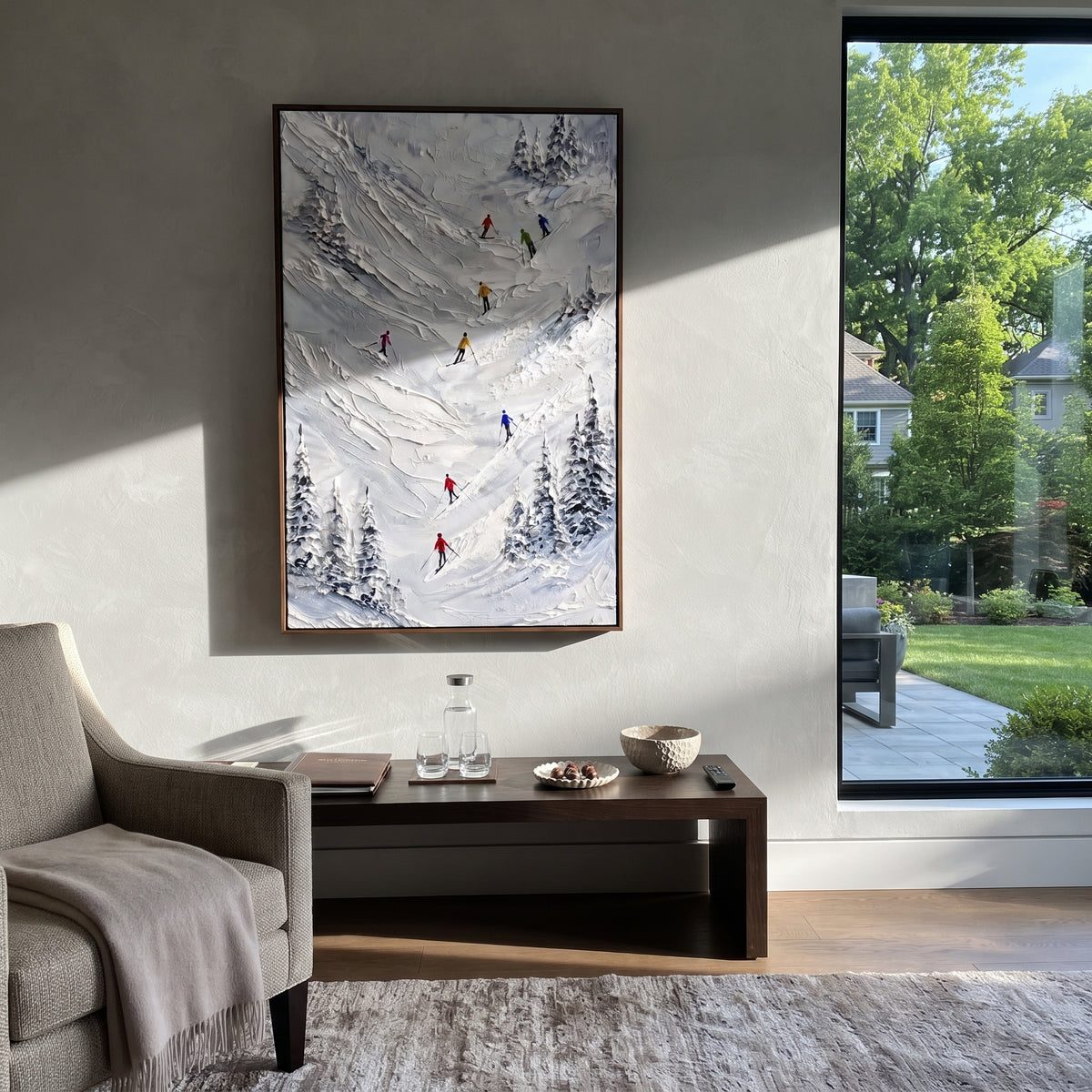 Silver Mountain Run With Pine Shadows focuses on a calm mountain basin with crisp tracks, snow shelves, and small skiers. The artwork shows a winter ski scene built from the actual image: visible downhill figures, curved snow tracks, raised ridgelines, and alpine space arranged in a tall composition. The white, black, gray palette gives the piece a cold mountain atmosphere while the thick impasto surface creates shadows along each snowbank, ski line, and textured ridge. This is presented as