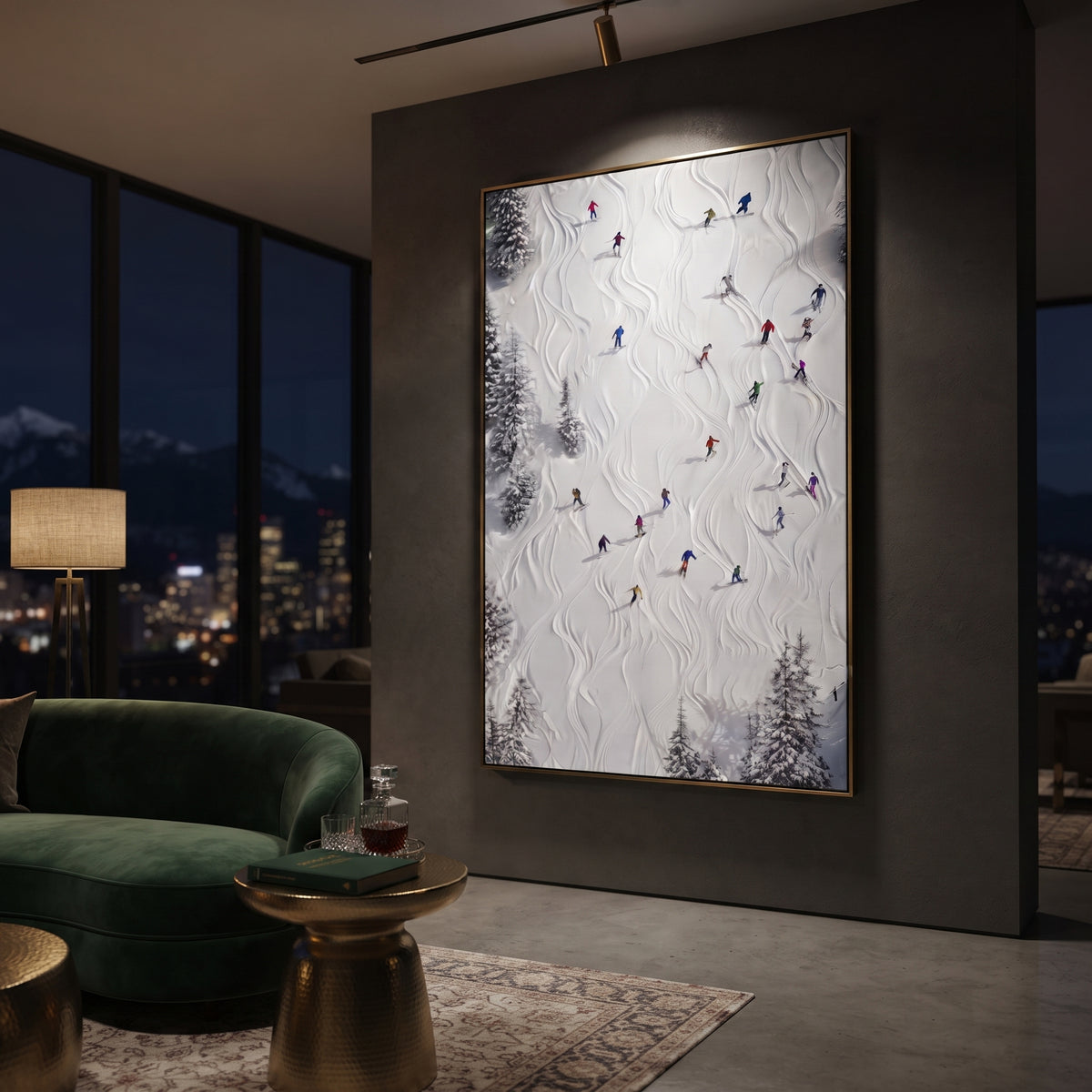 Cold Ski Run focuses on layered snow ridges, visible ski marks, and a quiet pine border. The artwork shows a winter ski scene built from the actual image: visible downhill figures, curved snow tracks, raised ridgelines, and alpine space arranged in a tall composition. The blue, white, orange palette gives the piece a cold mountain atmosphere while the thick impasto surface creates shadows along each snowbank, ski line, and textured ridge. This is presented as hand-painted textured canvas rather